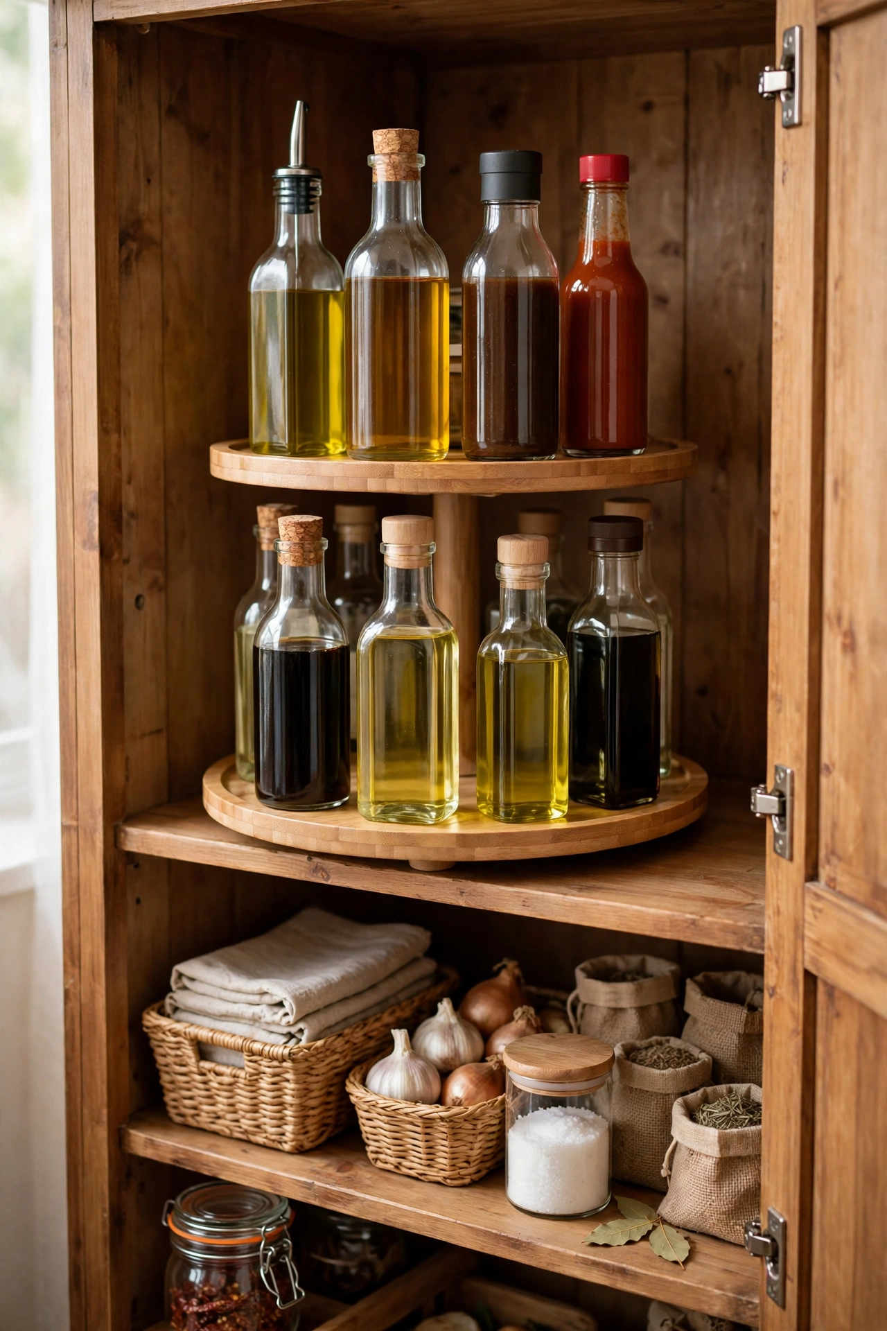 Two-tier lazy Susan turntable with oils and sauces in a corner cupboard