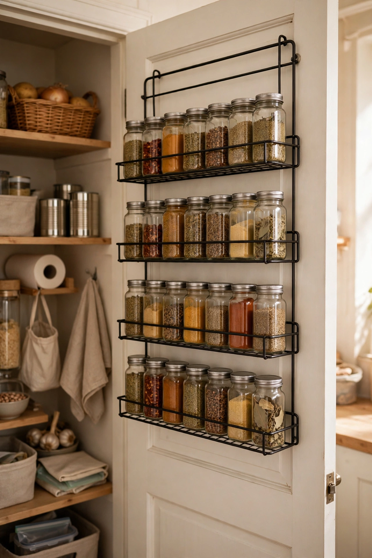 Over-the-door wire rack holding spice jars inside a pantry door