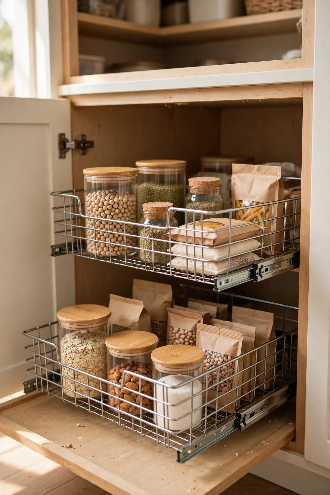 Wire pull-out baskets on runners inside deep lower pantry shelves