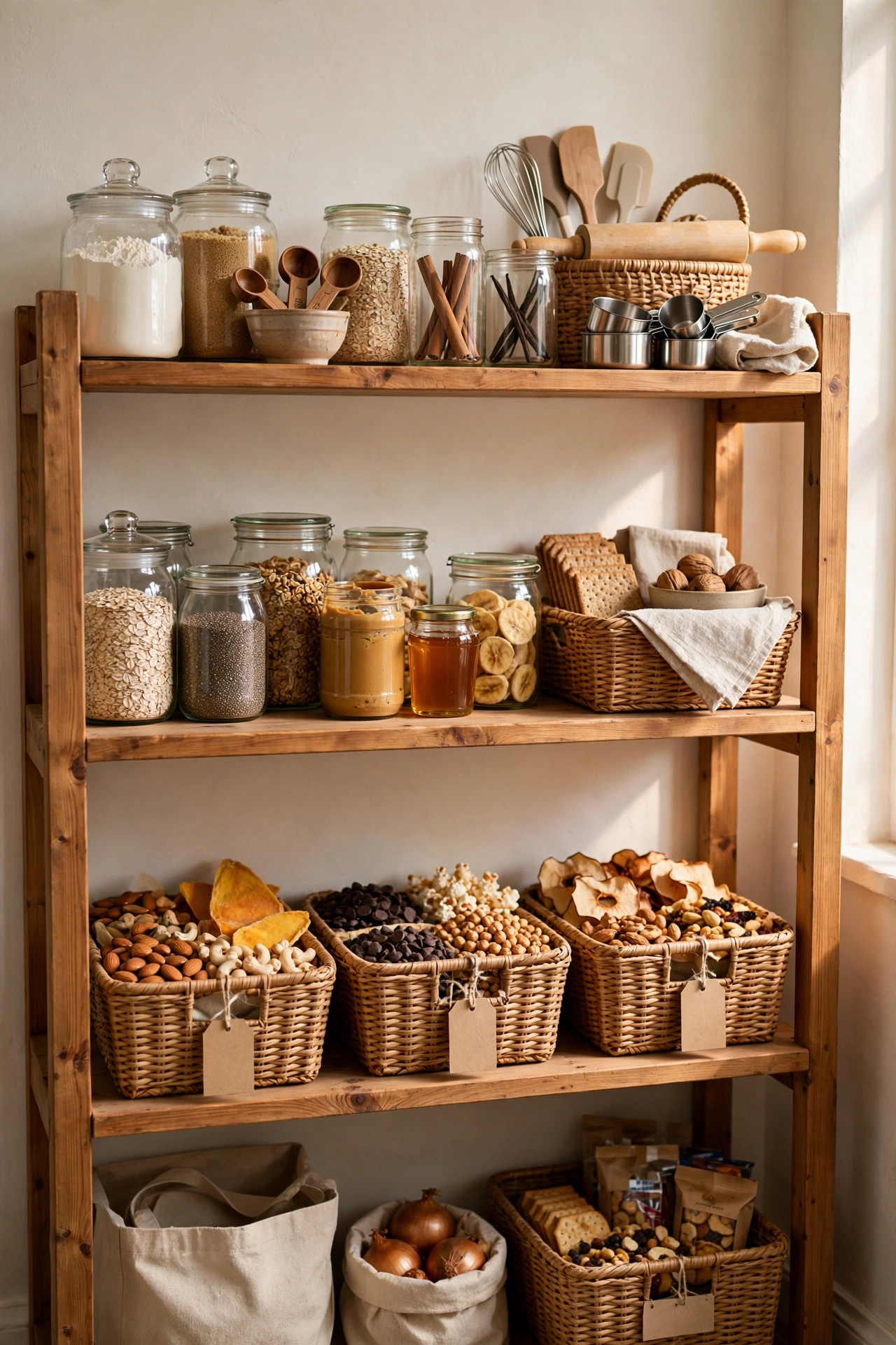 Pantry shelves zoned into baking breakfast and snack sections with baskets