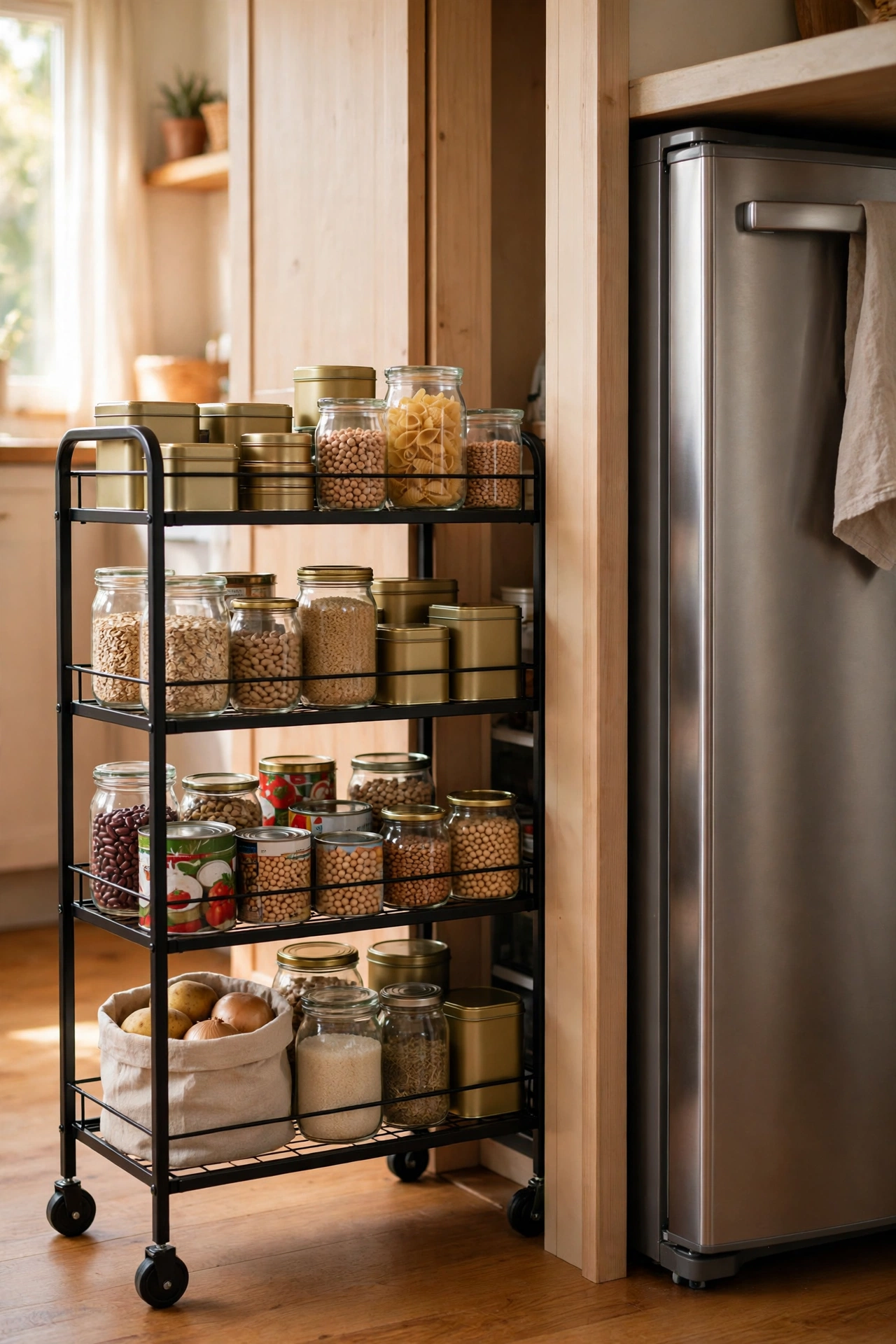 Slim rolling cart filled with tins in the narrow gap beside a fridge