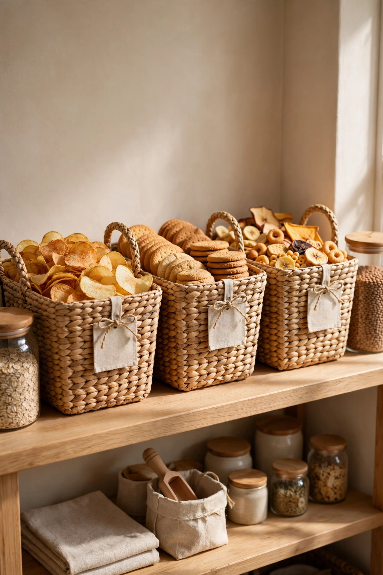 Uniform labeled baskets for crisps biscuits and snacks on a pantry shelf