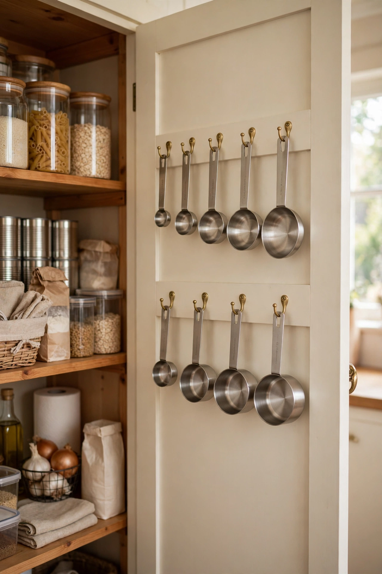 Measuring cups and spoons hanging on hooks inside a pantry door