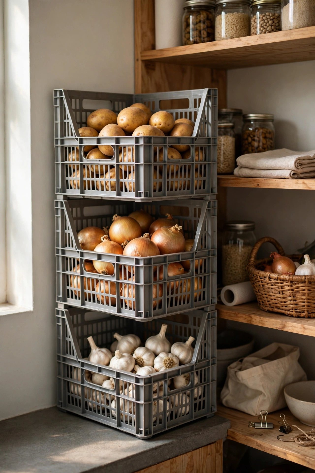 Stackable ventilated bins for potatoes onions and garlic in a pantry