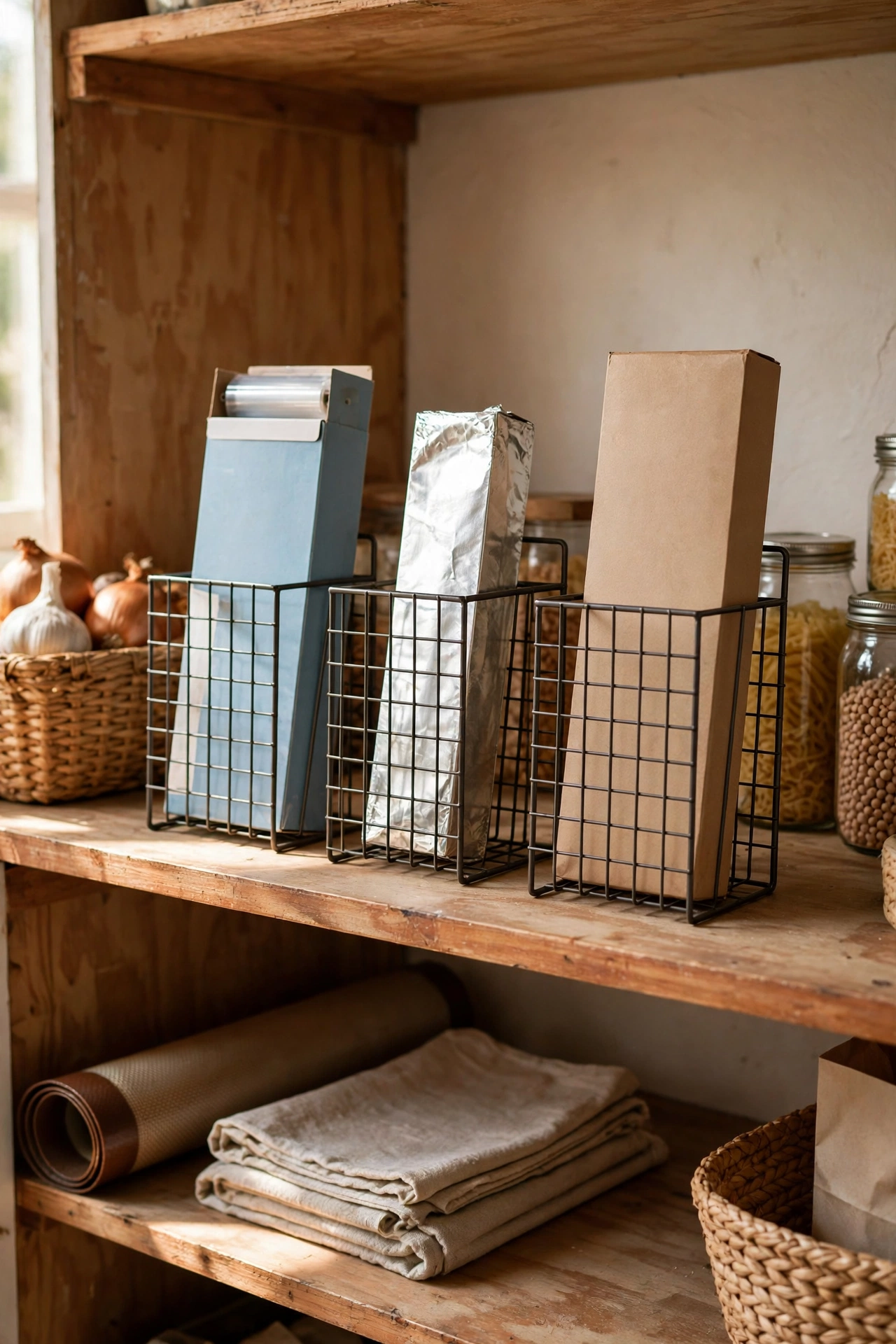 Upright magazine holders storing cling film foil and baking paper boxes