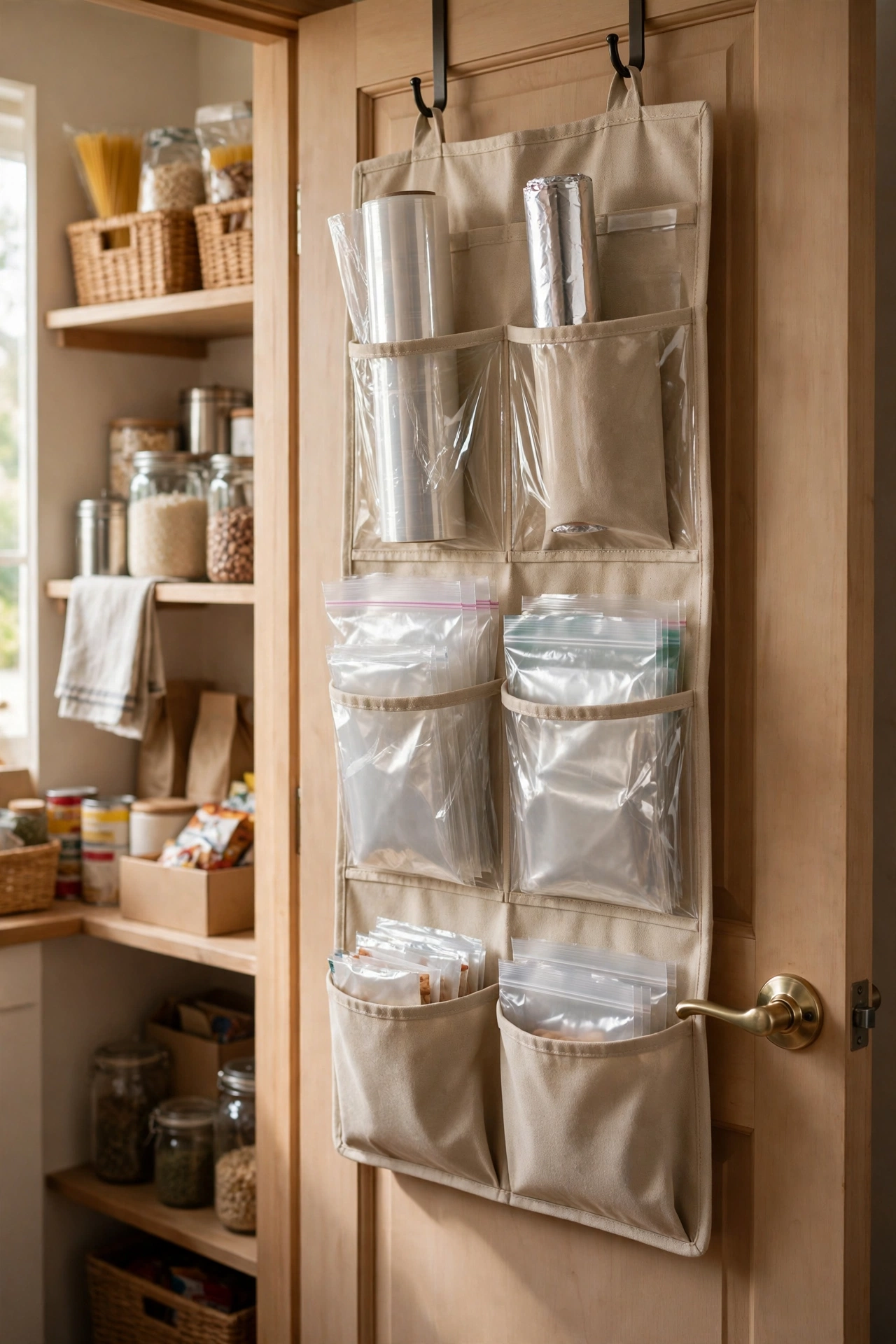 Back-of-door organiser with slots for wrap foil and food bags