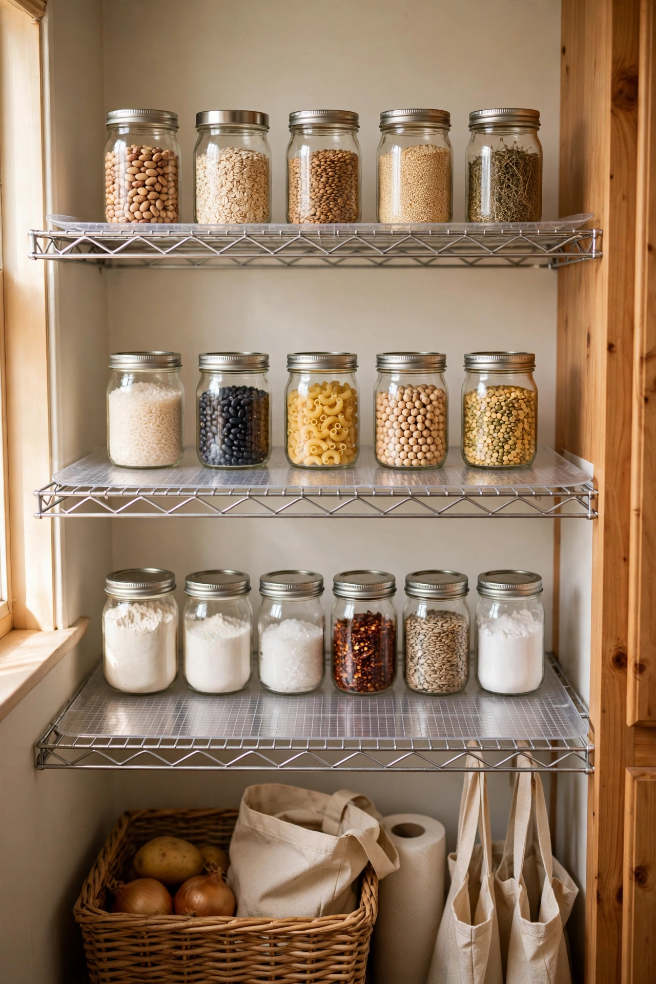 Rigid shelf liners on wire pantry shelves keeping small jars stable