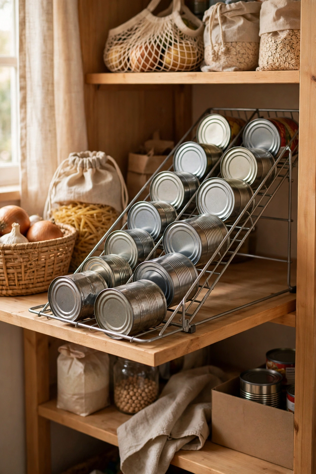 Gravity-fed can dispenser with tins rotating oldest to front