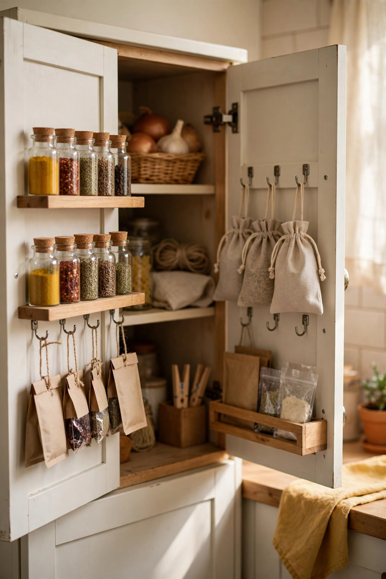 Shallow spice racks and hooks mounted inside small cupboard doors