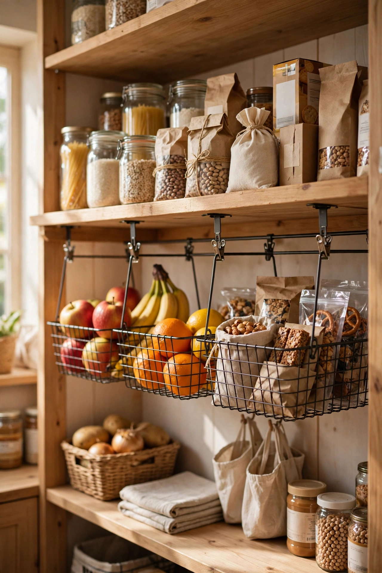 Wire baskets clipped under a pantry shelf creating extra storage layer
