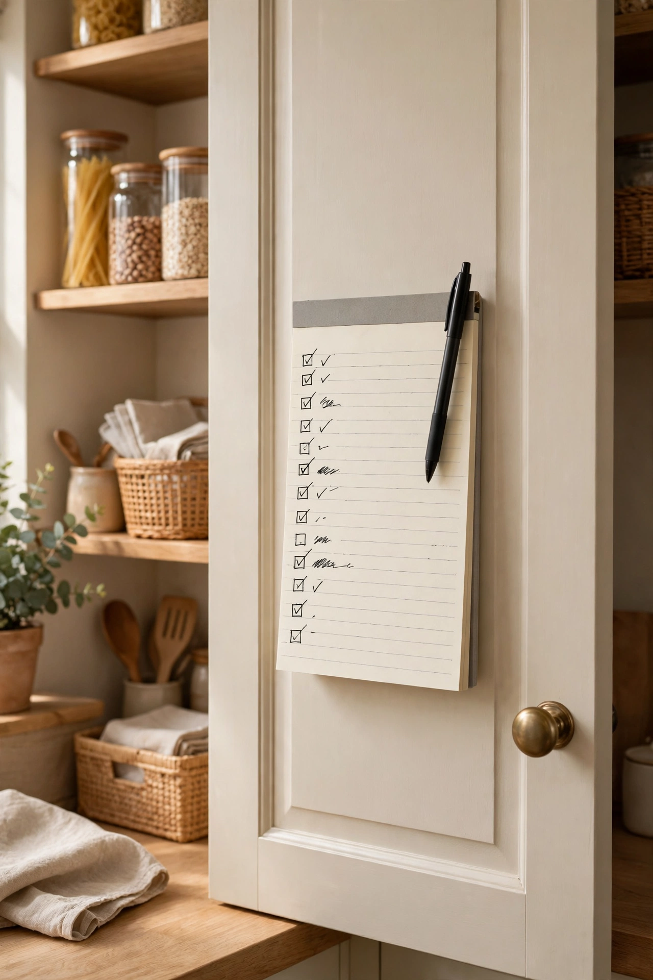 Magnetic notepad shopping list on a pantry door with a pen