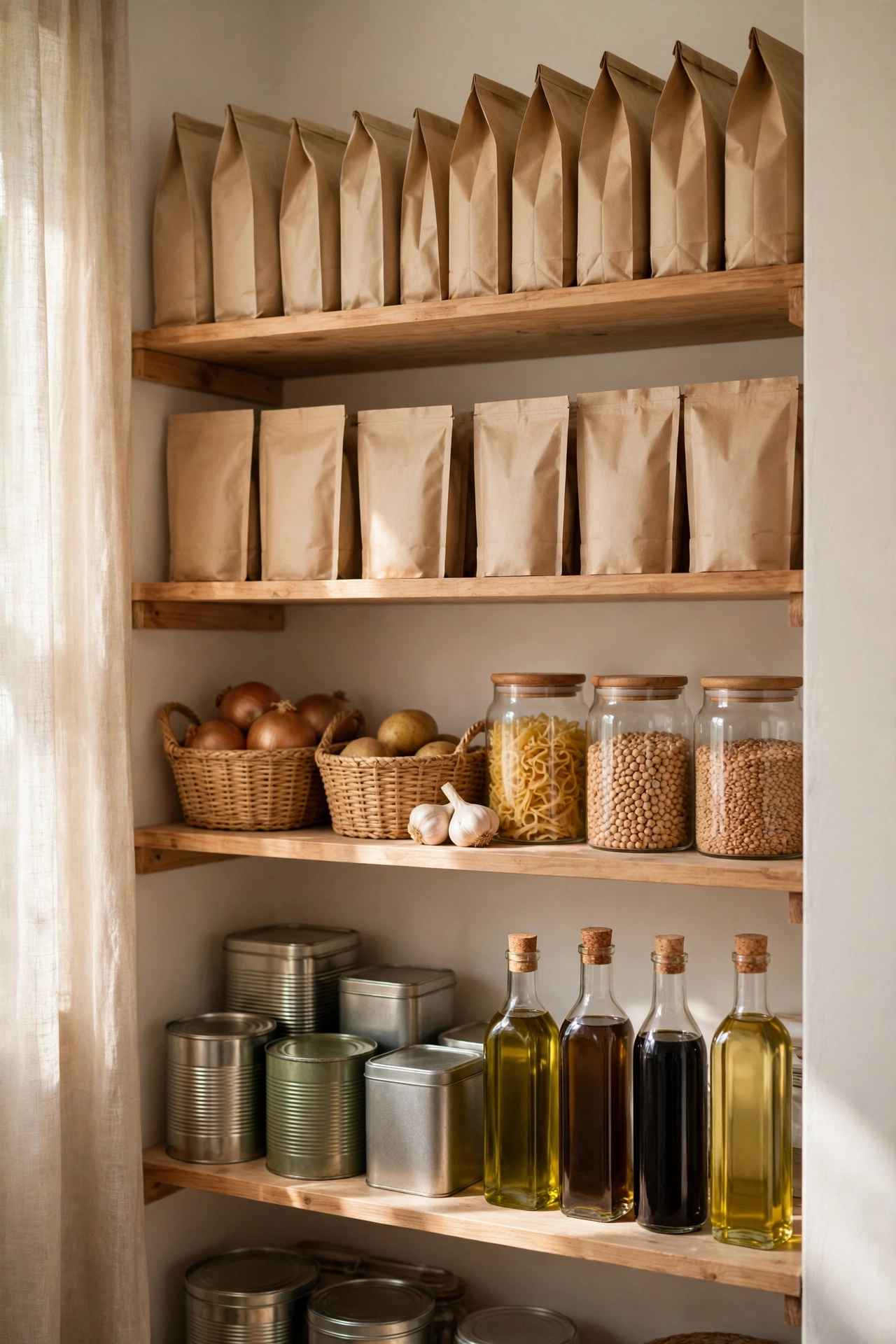 Pantry with heavy tins on low shelves and light packets up high