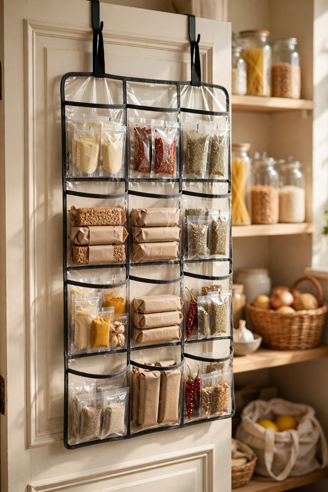 Clear over-the-door shoe organiser pockets holding seasoning sachets