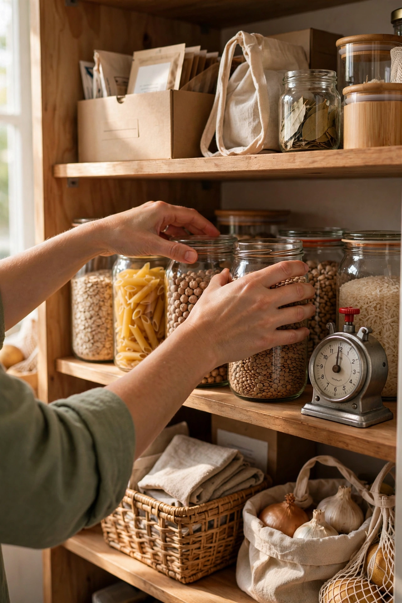Person doing a quick five-minute tidy reset of a pantry shelf with a timer