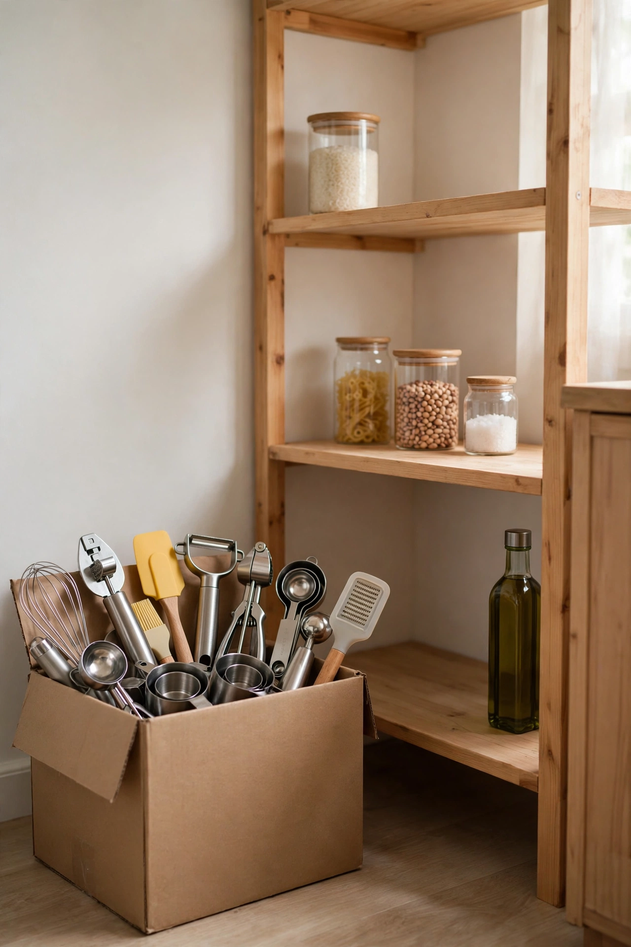 Donation box of unused kitchen gadgets beside a newly cleared pantry shelf