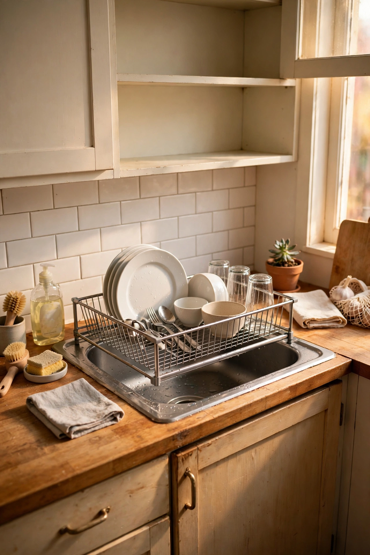 Small kitchen idea: roll-up dish rack over the sink freeing up counter space