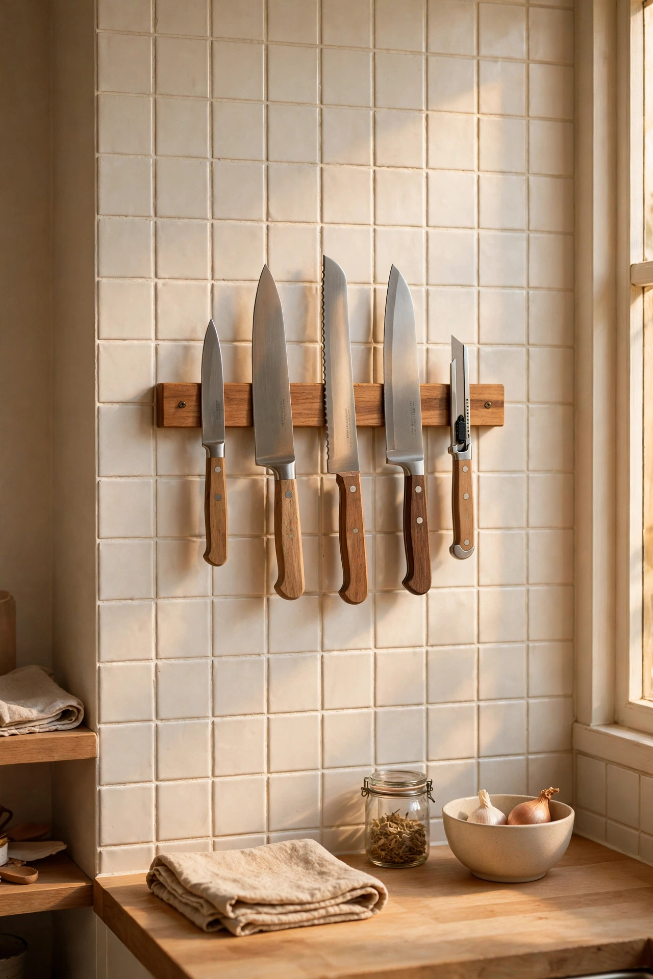 Magnetic knife strip mounted on a small kitchen wall holding kitchen knives
