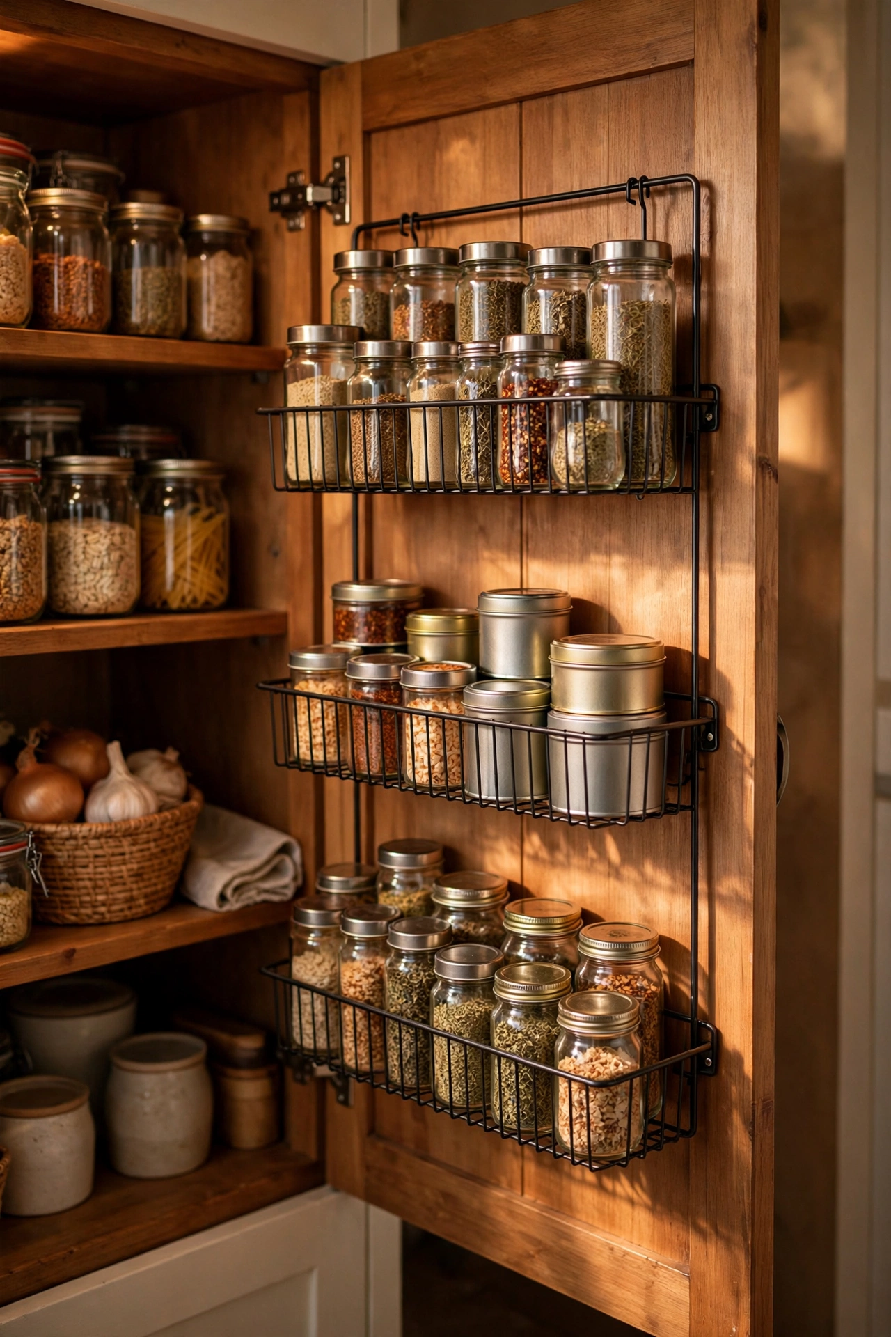 Over-the-door wire pantry rack on a kitchen cupboard door holding spices and tins
