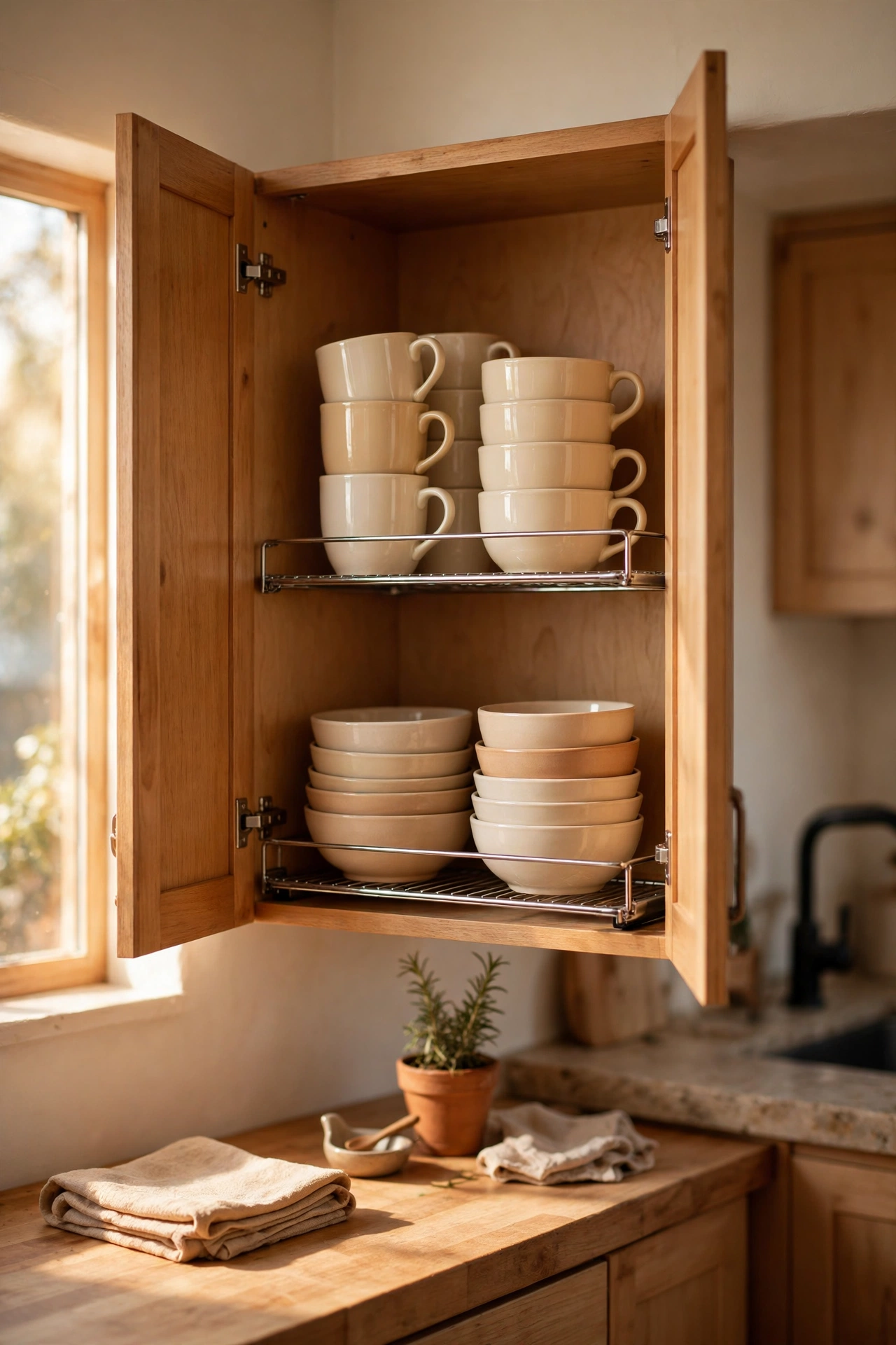 Wire shelf risers inside a kitchen cabinet doubling mug storage space