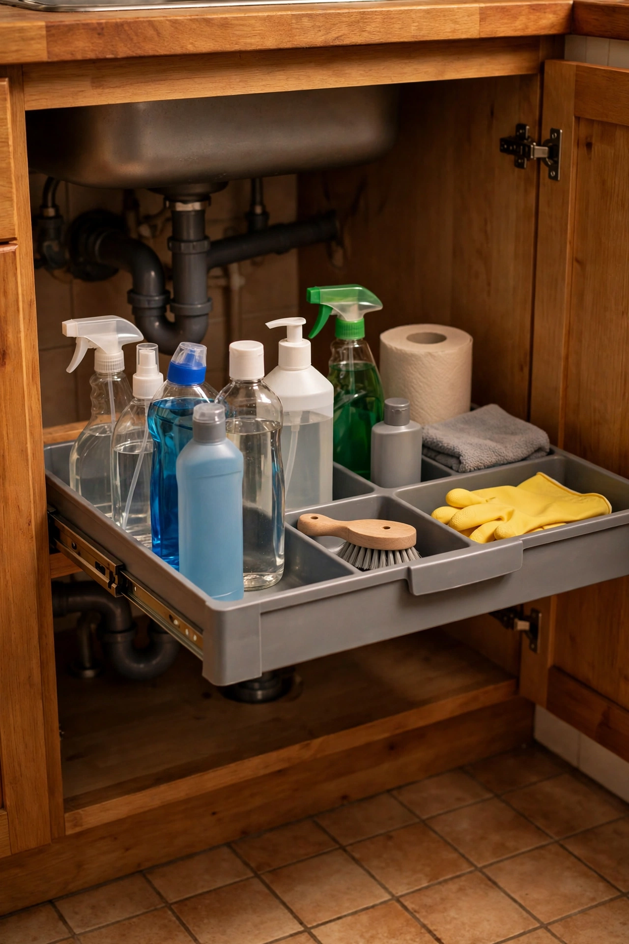 Pull-out sliding organiser under a kitchen sink holding cleaning supplies