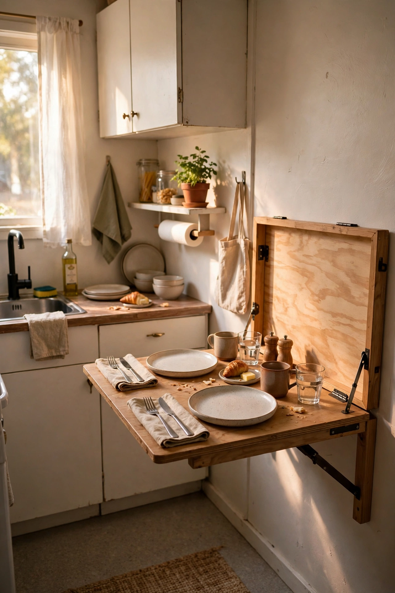 Fold-down wall-mounted table in a tiny kitchen used as dining space