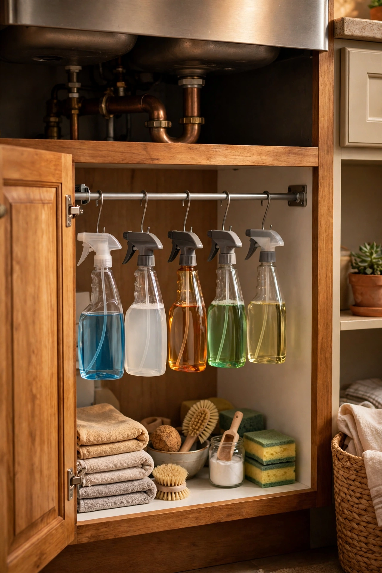 Tension rod under the kitchen sink with hanging spray bottles