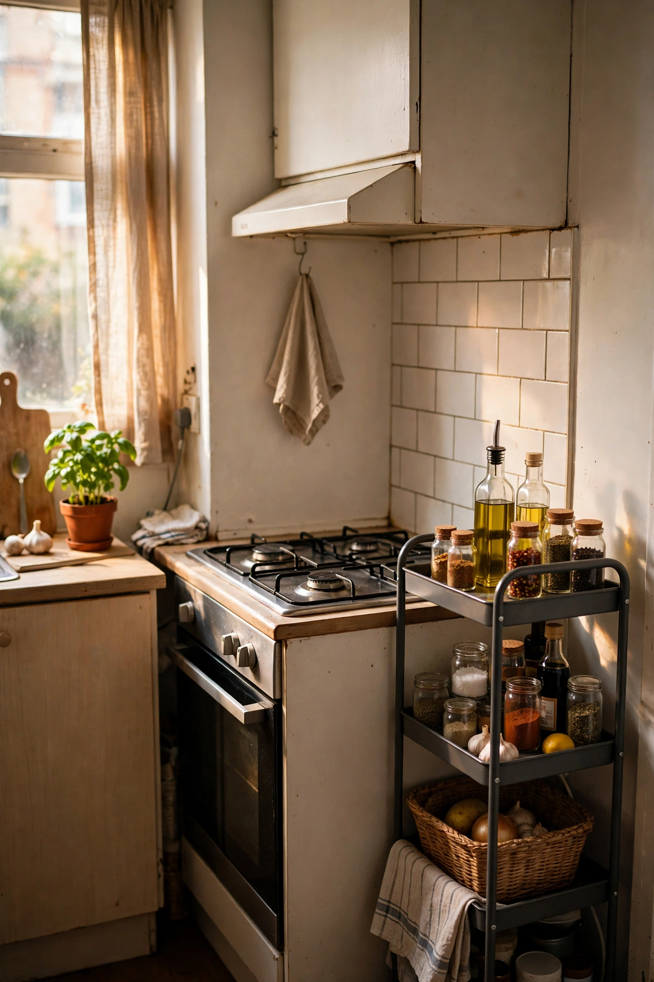 Slim three-tier rolling kitchen trolley beside a cooker