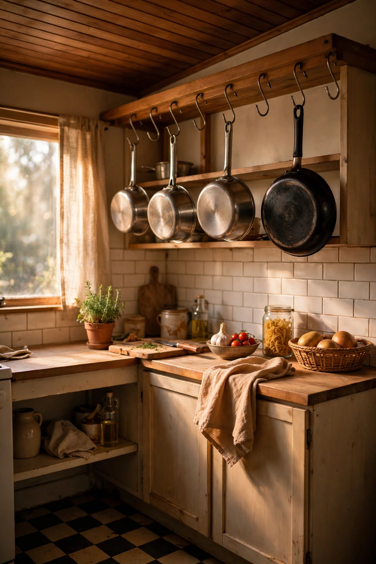 Ceiling-mounted wooden pot rail with hanging saucepans in a small kitchen