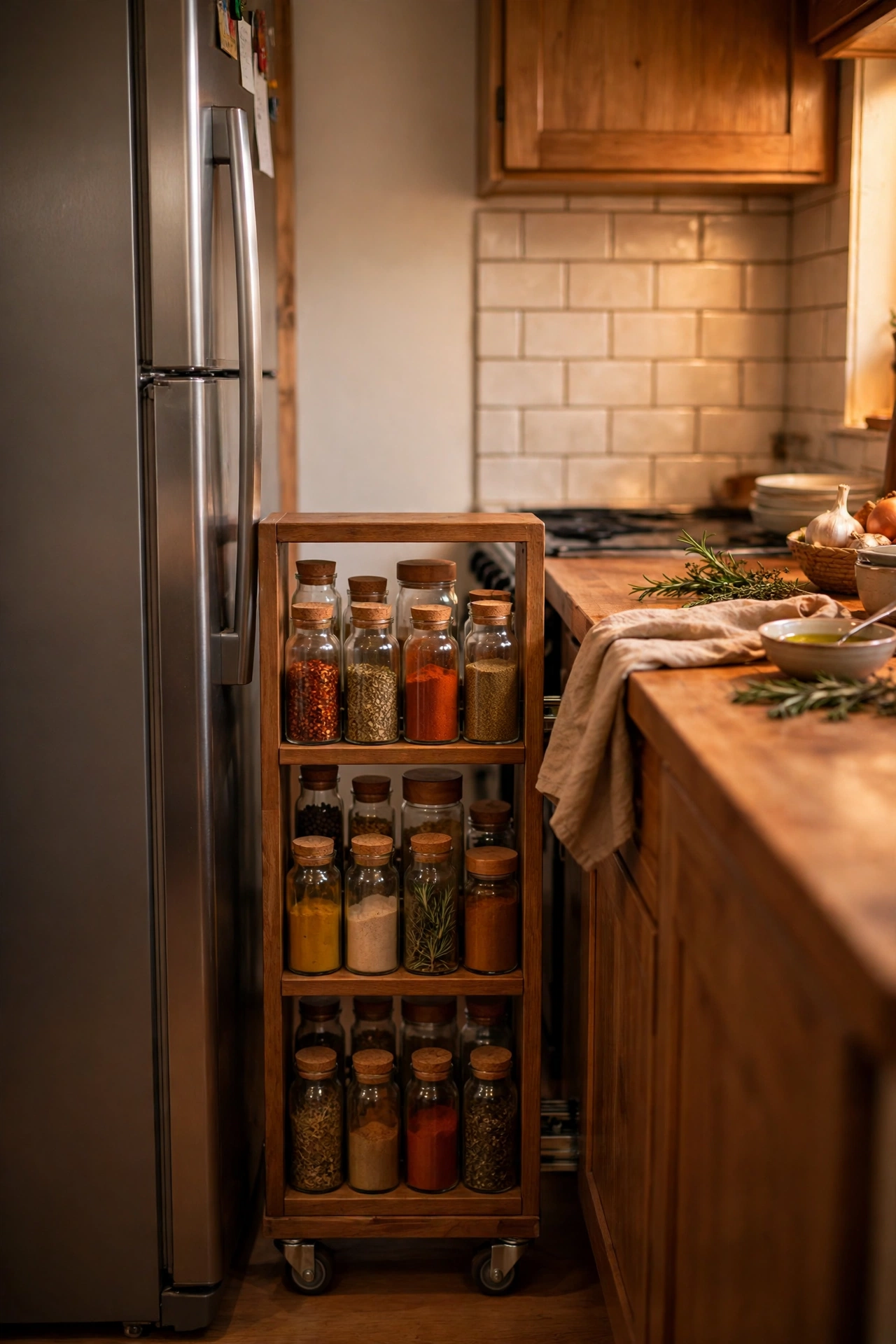 Slim pull-out spice rack sliding into the gap between fridge and counter