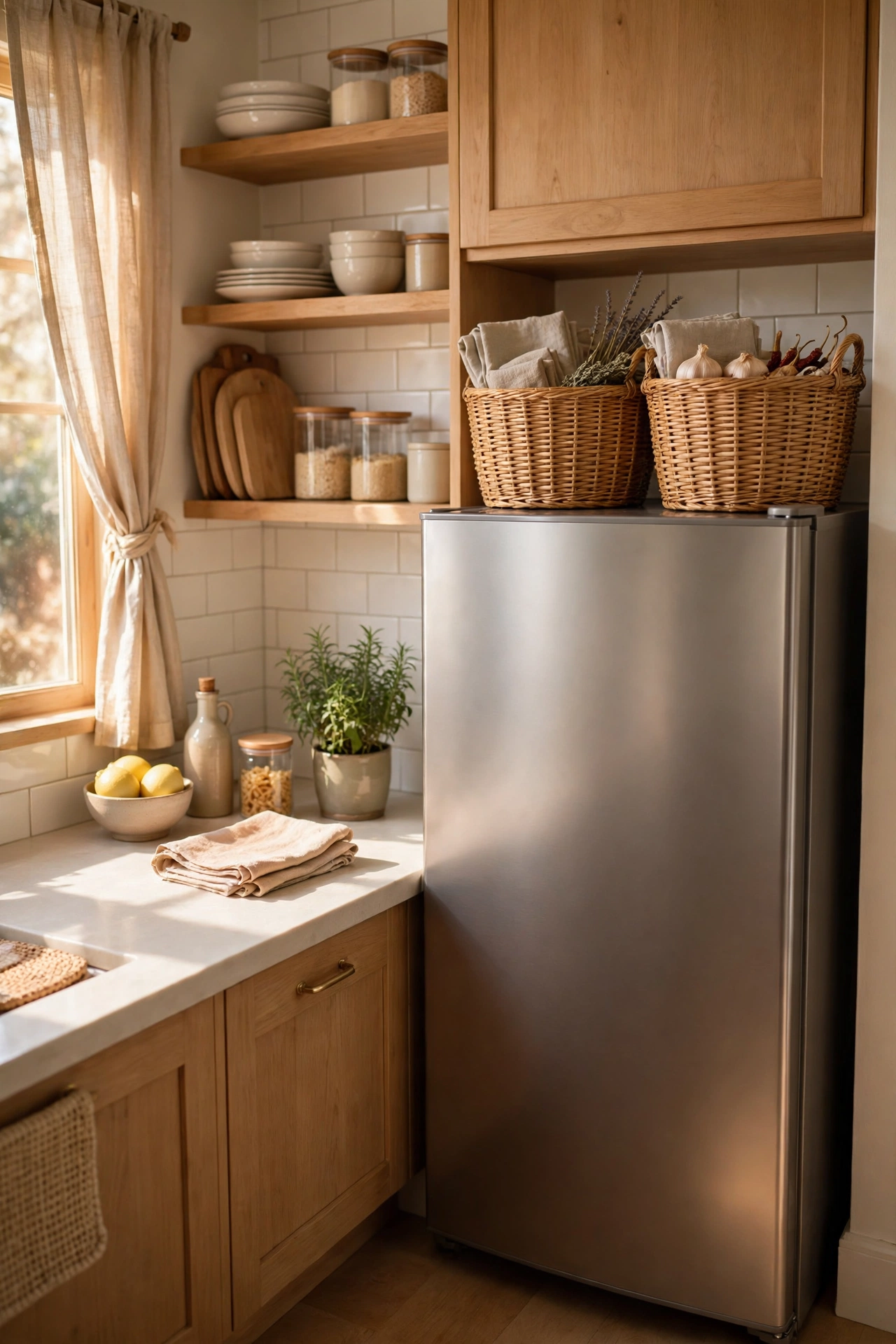 Matching storage baskets on top of a fridge in a small kitchen