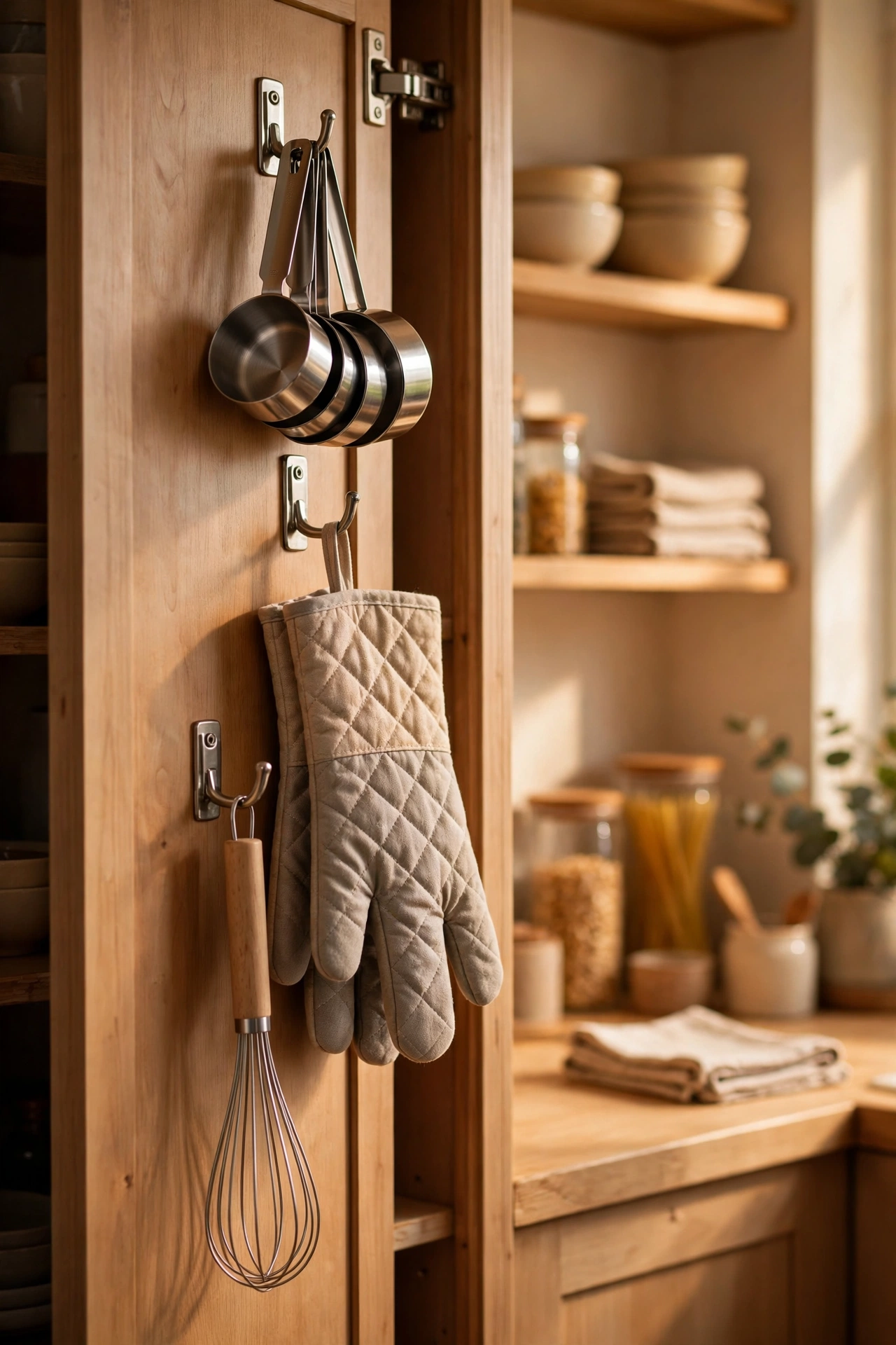 Adhesive hooks inside a kitchen cupboard door holding utensils
