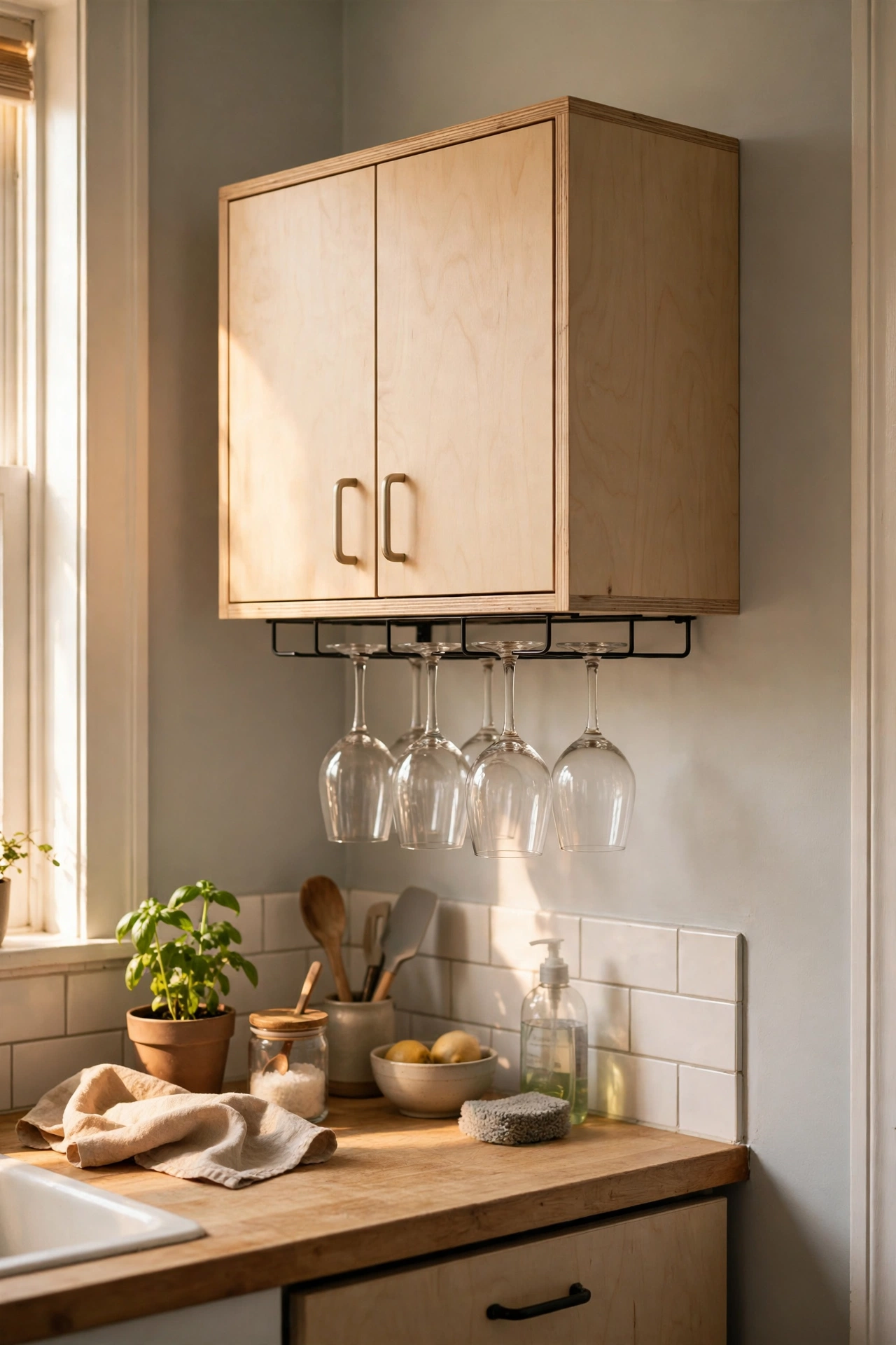 Wine glasses hanging from an under-cabinet stemware rack
