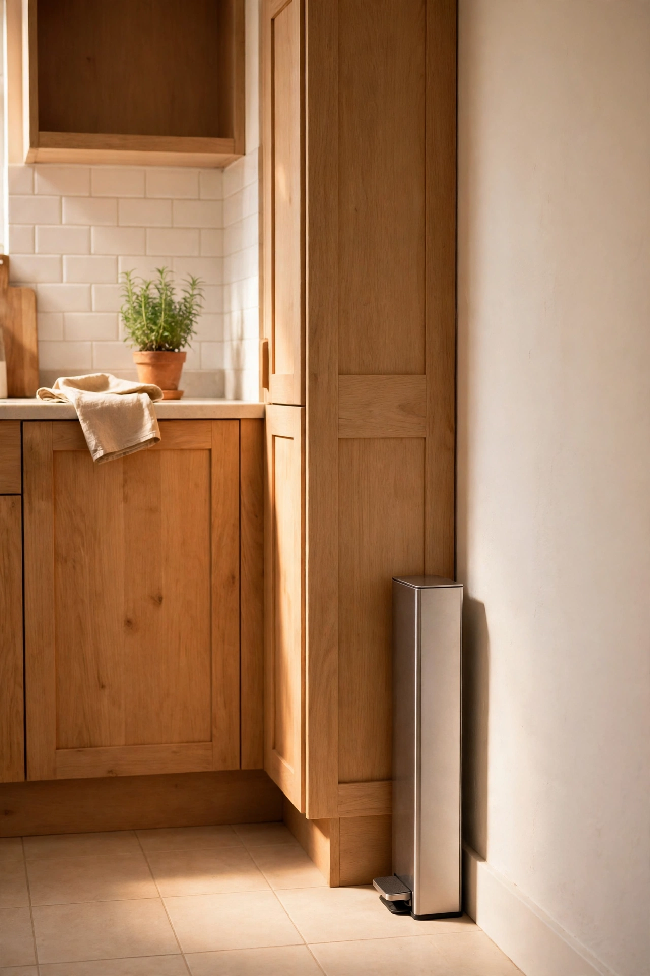 Slim rectangular pedal bin tucked into a narrow gap in a small kitchen