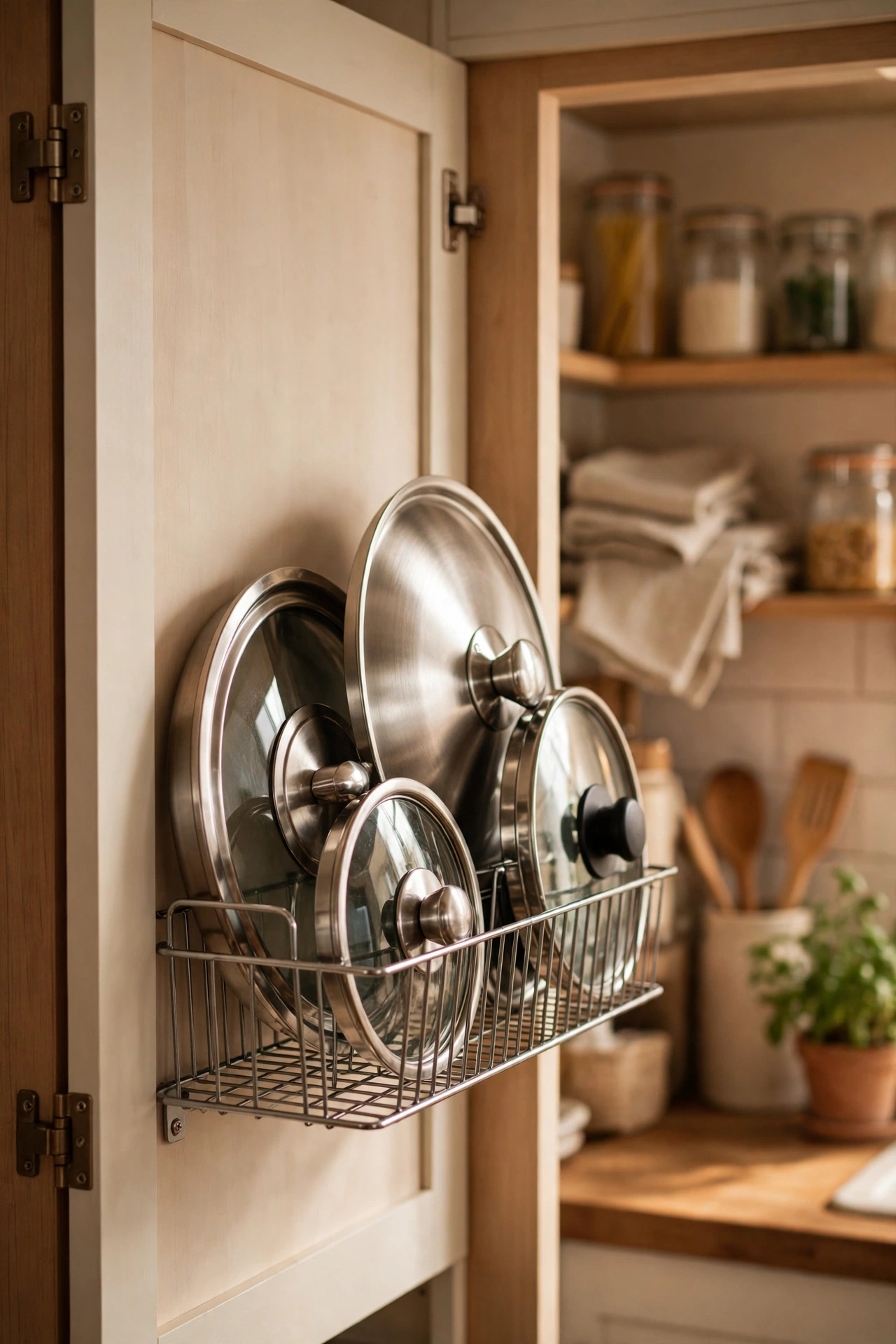 Wire lid rack on the inside of a kitchen cabinet door holding pan lids