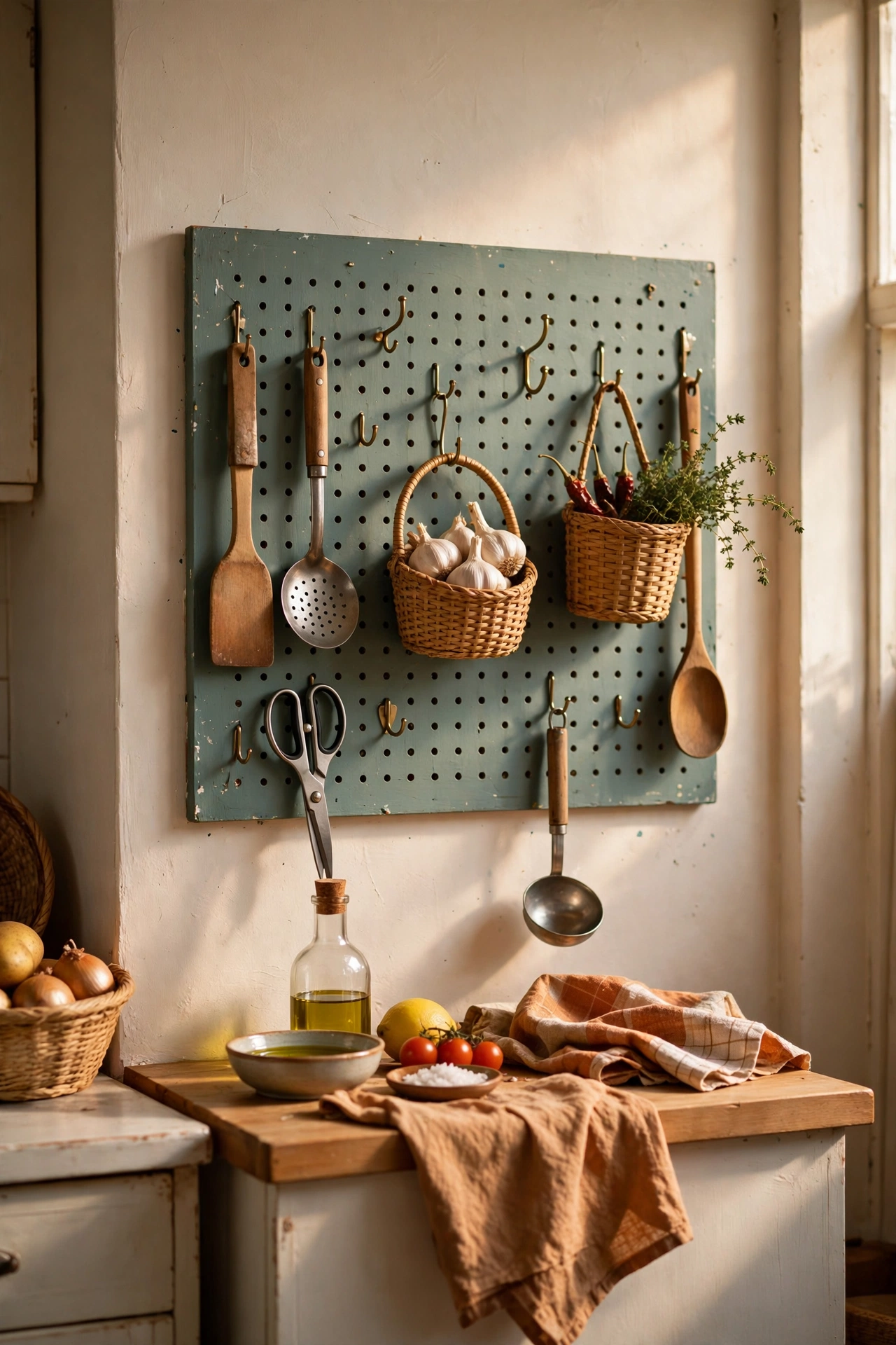 Pegboard panel on a kitchen wall holding hanging utensils and jars