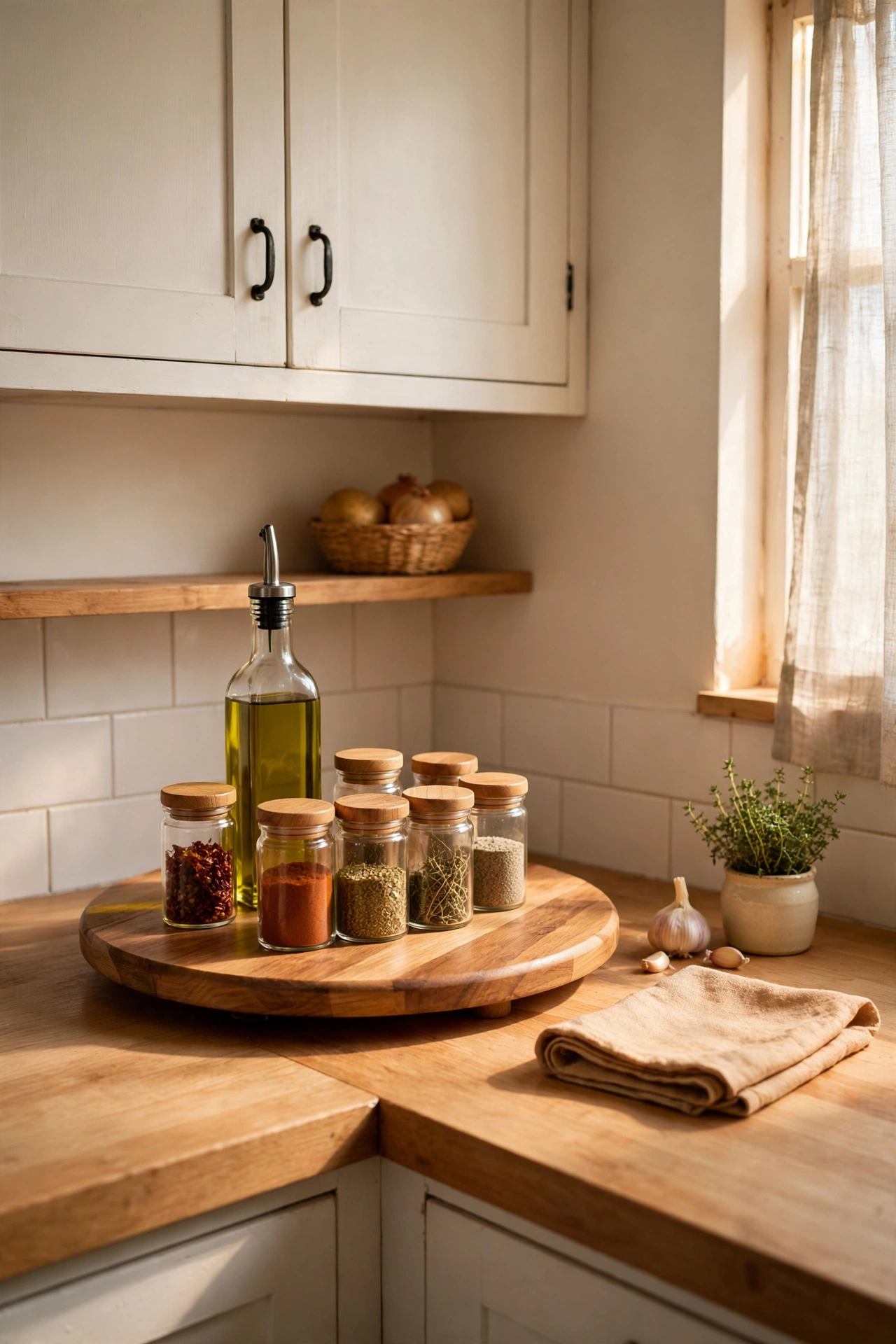 Lazy Susan turntable in a kitchen corner holding oils and spices