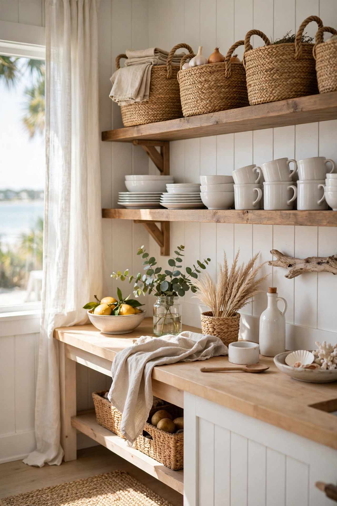 Coastal kitchen idea: rope-handled seagrass baskets on open wooden shelves