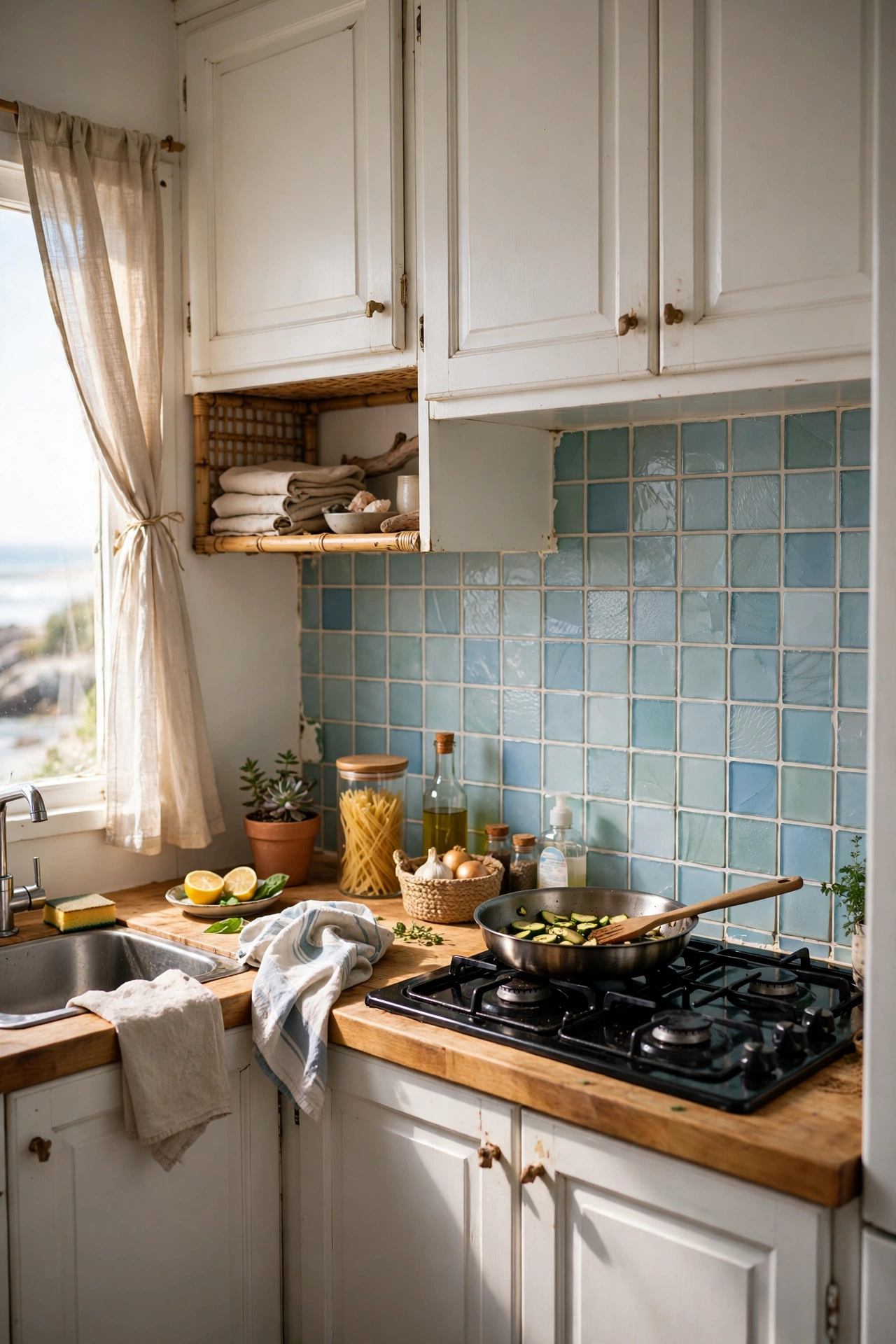 Pale blue peel-and-stick tile backsplash in a coastal style kitchen