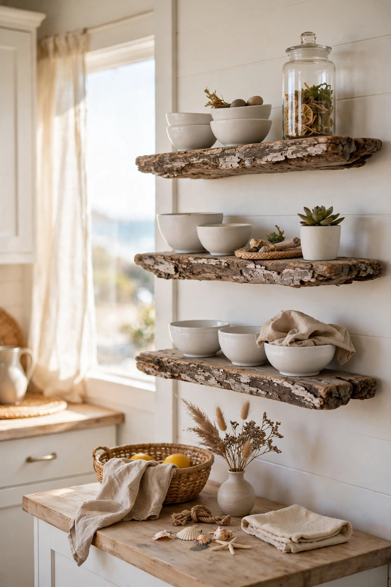 Driftwood floating shelves in a coastal kitchen styled with white crockery