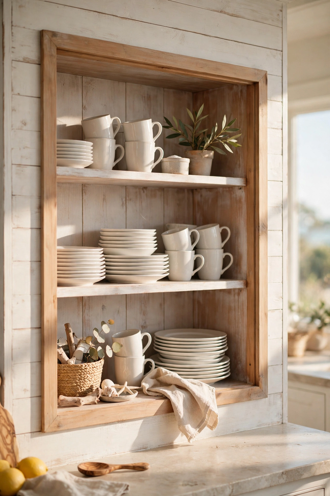 Whitewashed open kitchen cabinet with styled white dishes