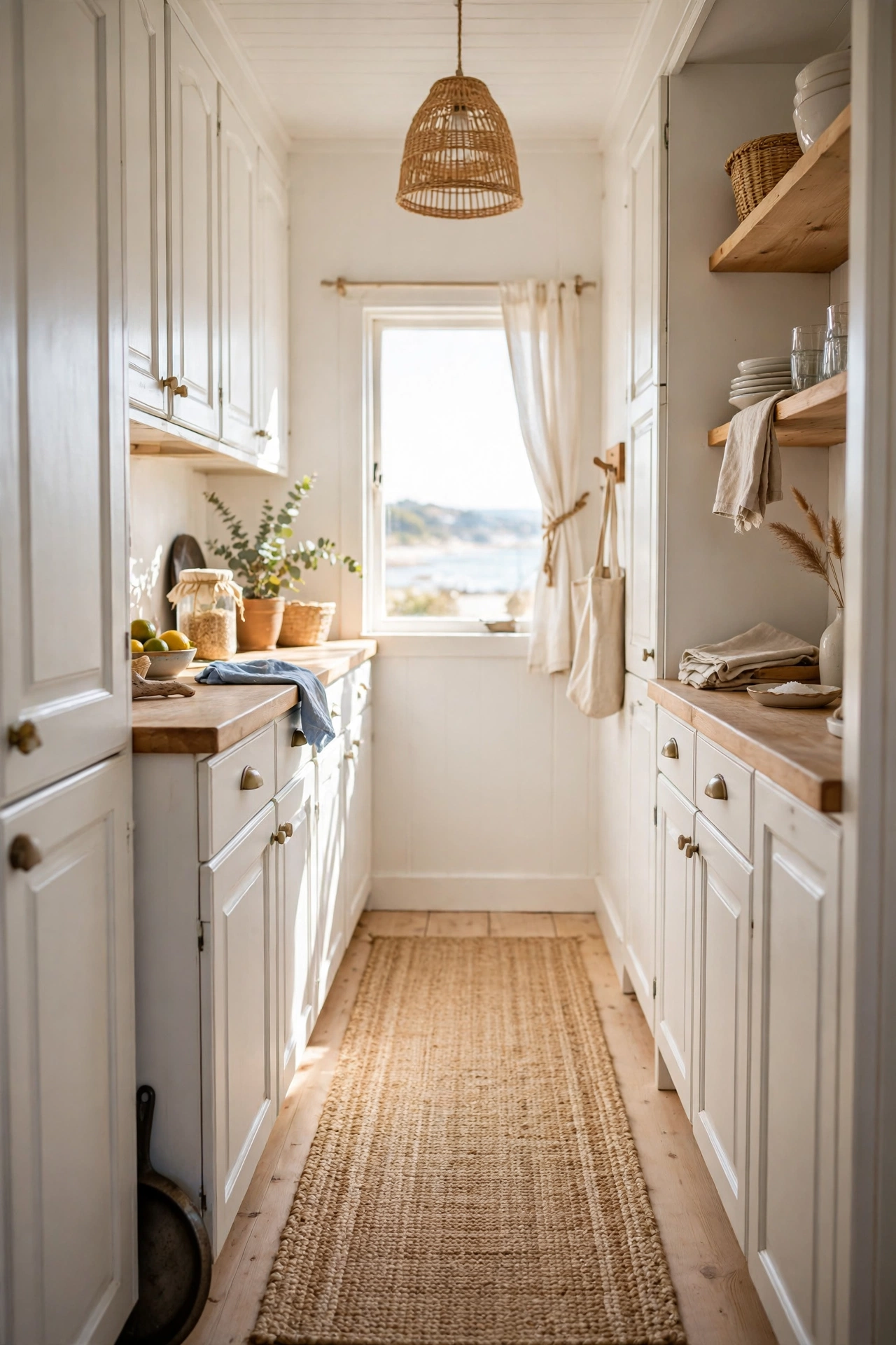 Jute runner rug down the middle of a coastal galley kitchen