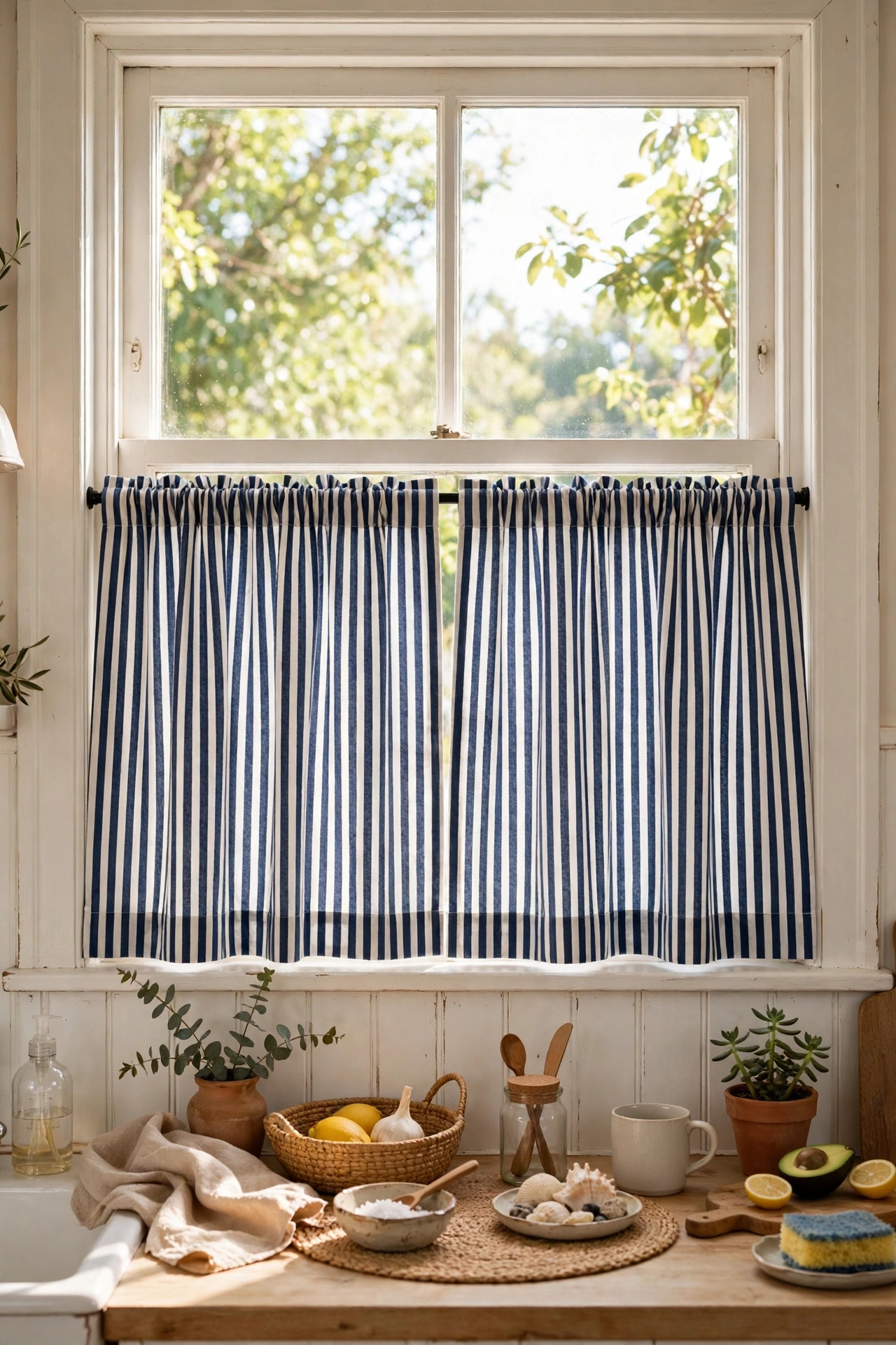 Navy striped cafe curtains on a kitchen window