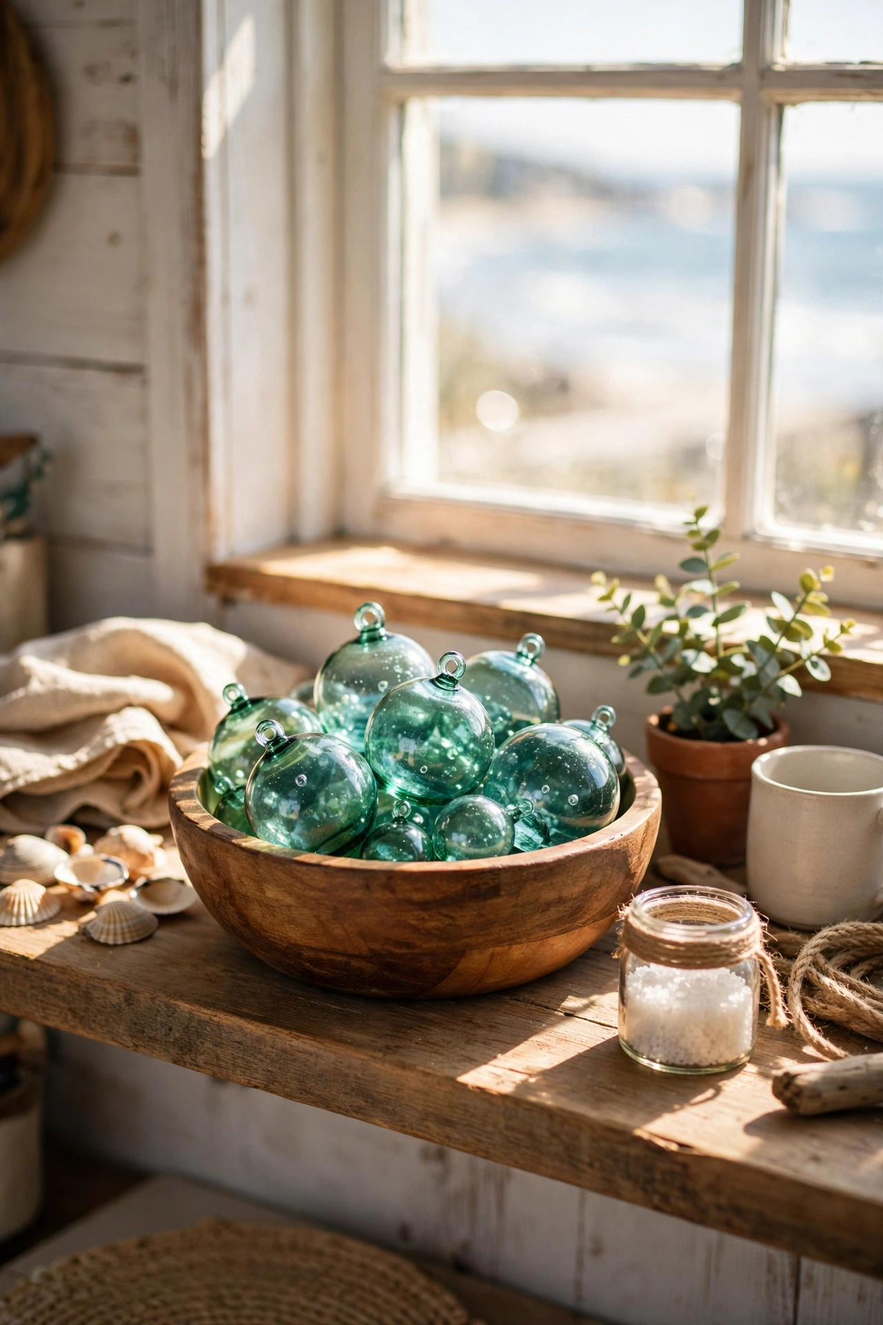 Bowl of glass fishing floats in sea greens on a kitchen shelf