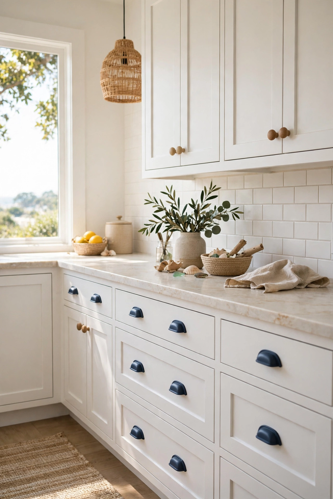 Kitchen drawers with navy cup pulls and sand coloured knobs
