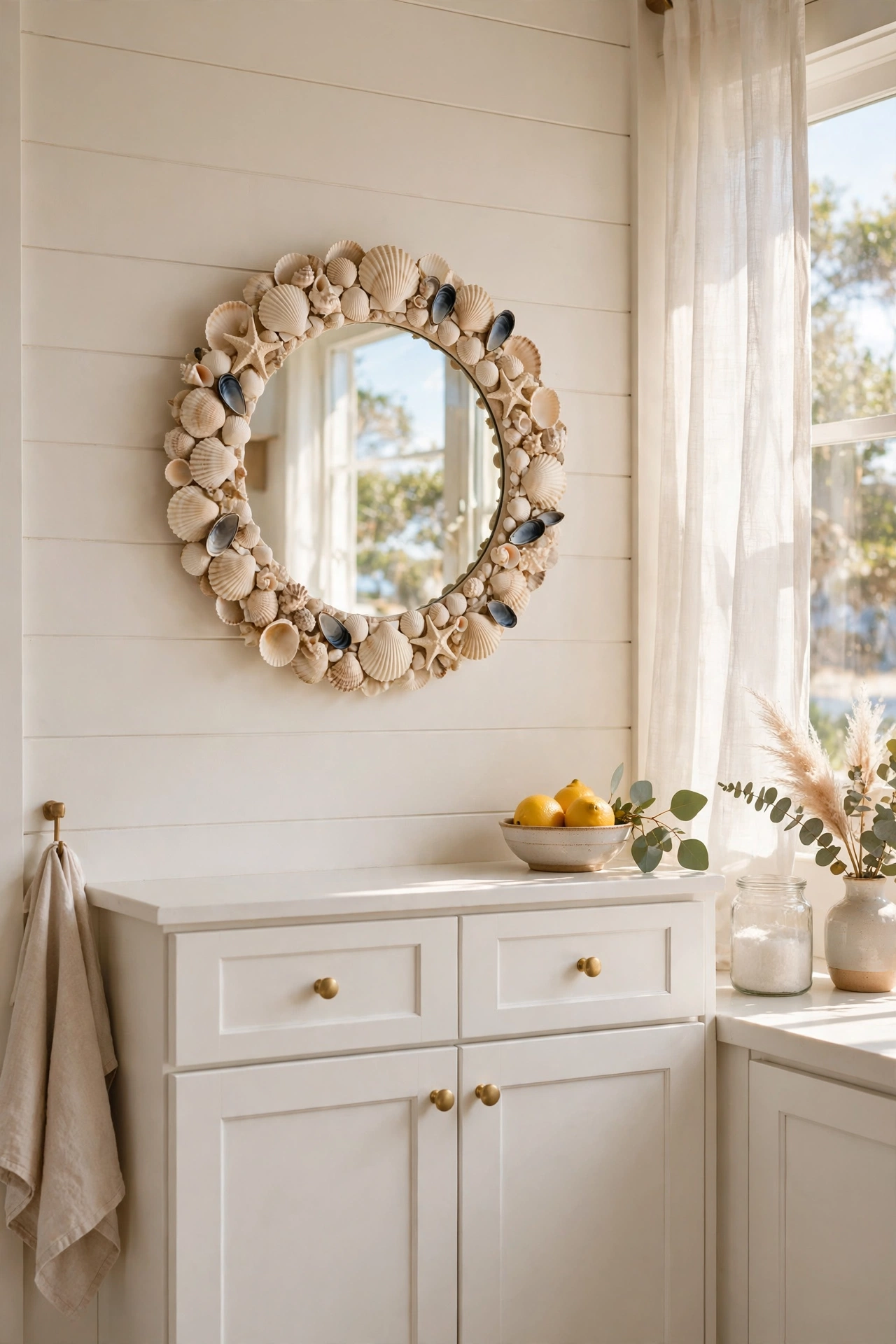 Round mirror with shell frame in a coastal kitchen