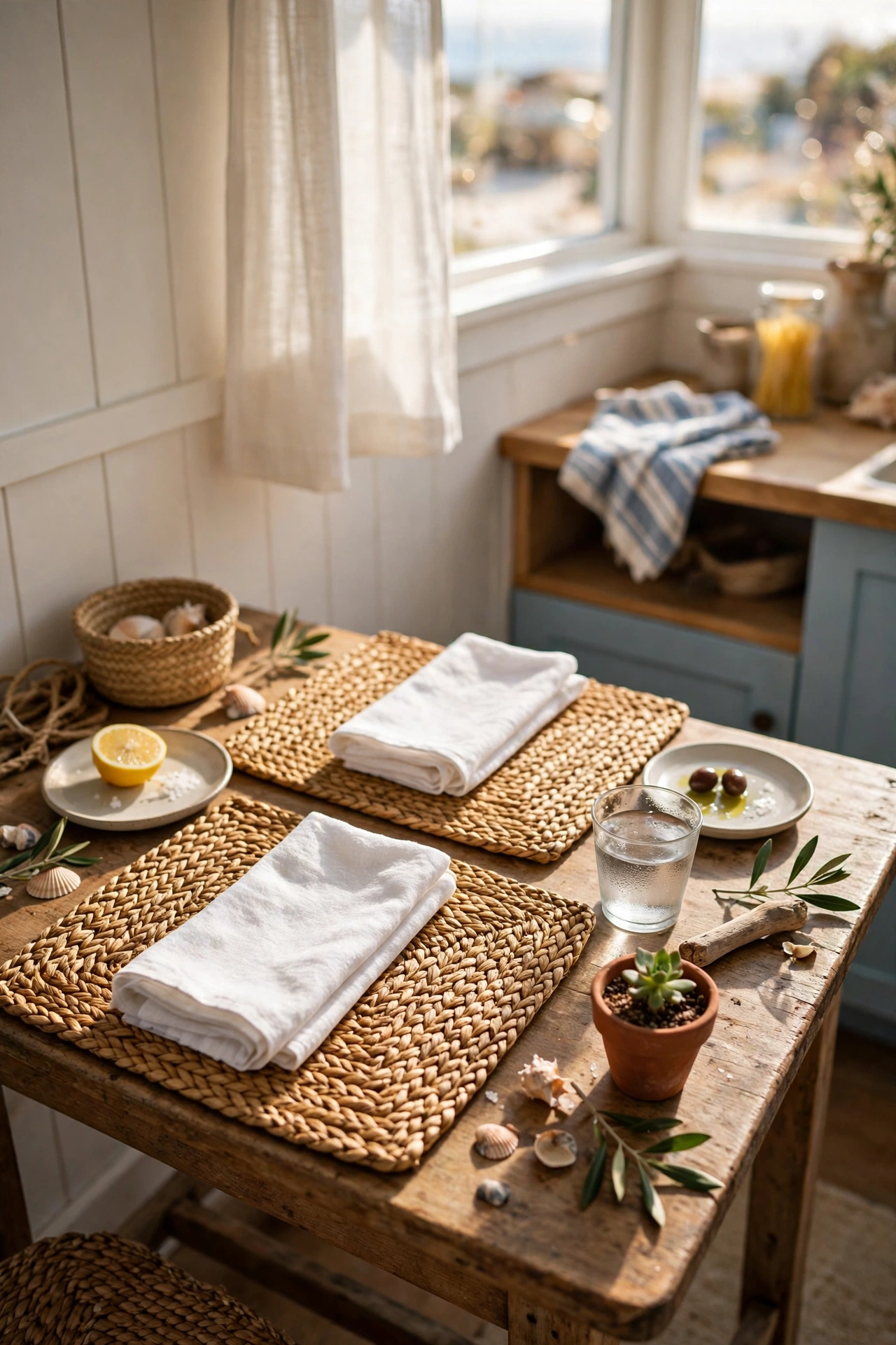 Woven seagrass placemats on a small coastal kitchen table