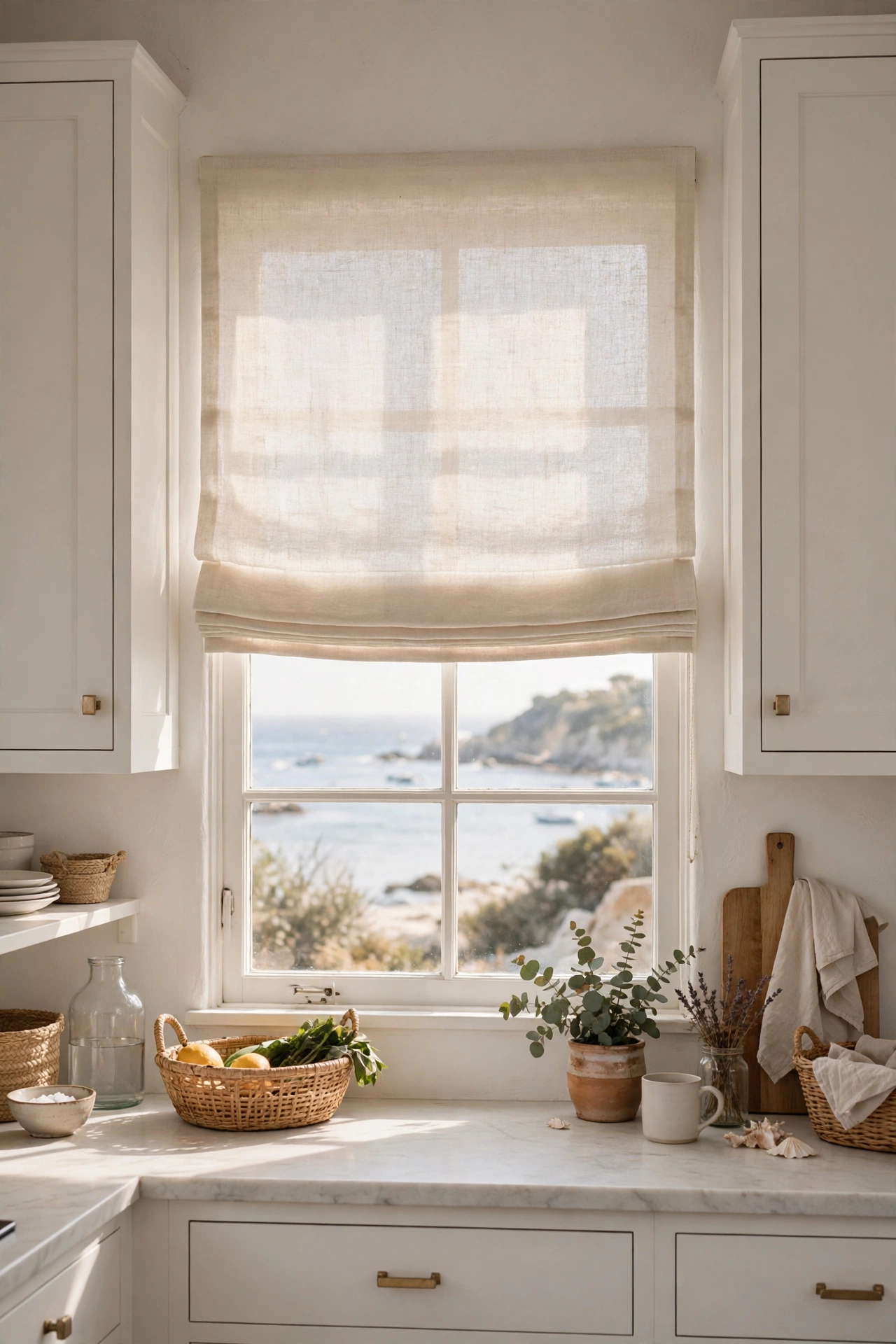 Light linen roman shade on a coastal kitchen window