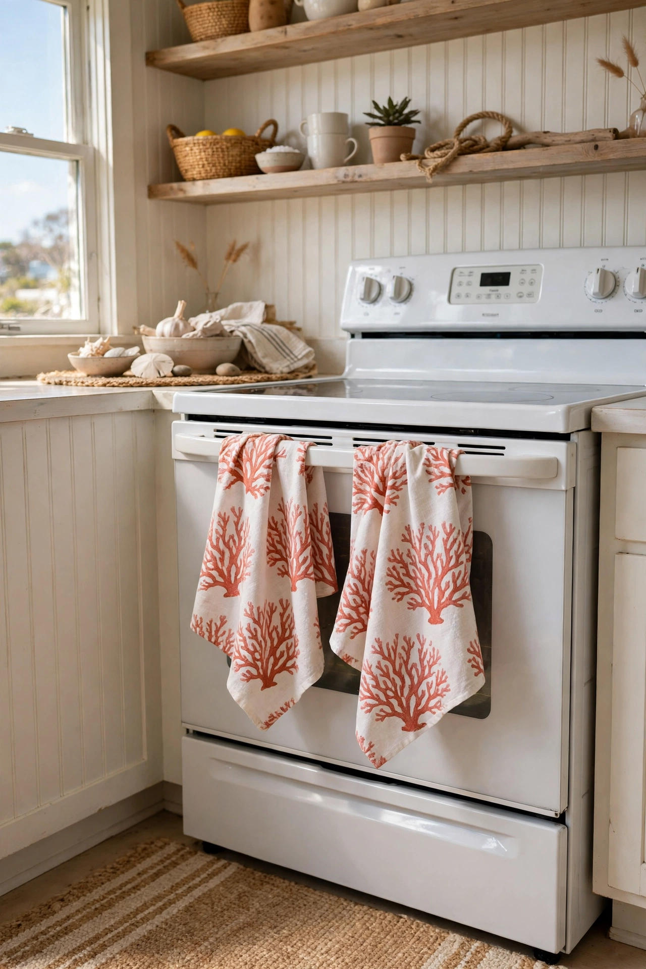 Coral pattern tea towels hanging on an oven handle in a coastal kitchen