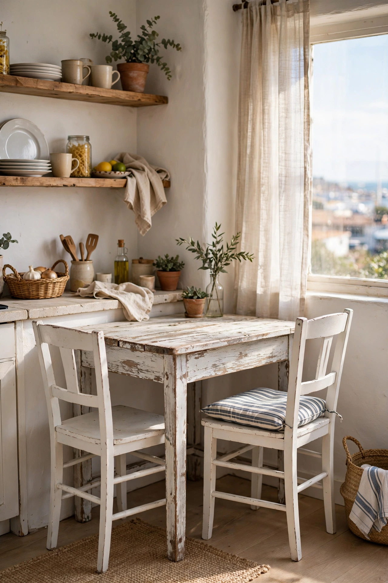 Weathered wood breakfast nook table in a coastal kitchen corner