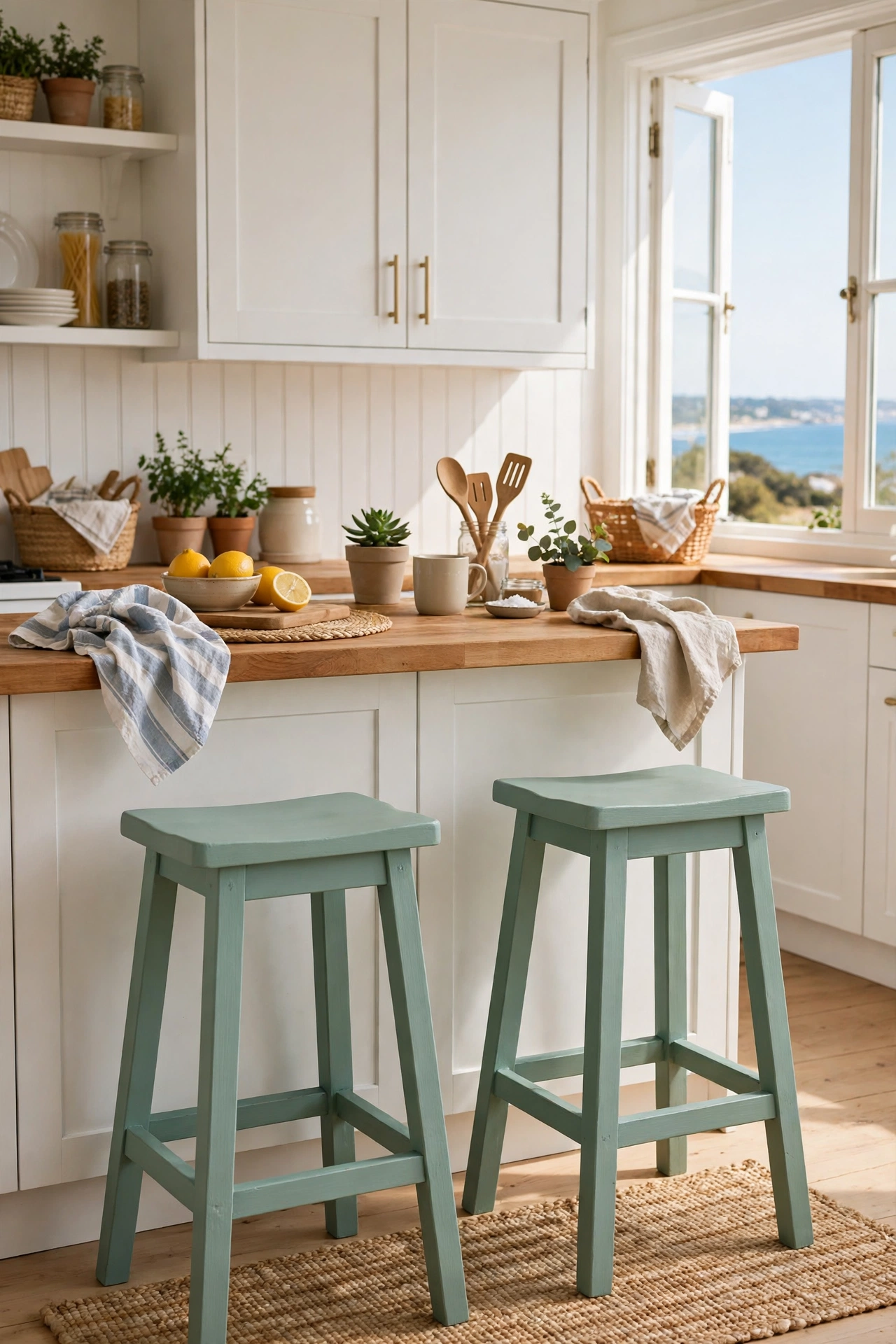 Seafoam green painted wooden bar stools at a kitchen counter